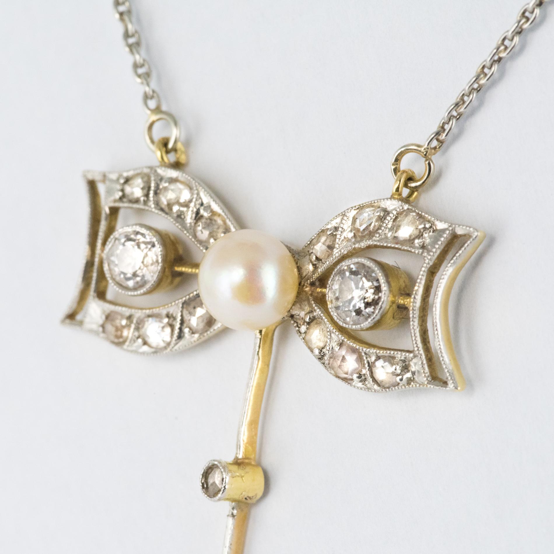 Women's 1920s French Belle Epoque Diamond Cultured Pearl Gold Pendant Necklace