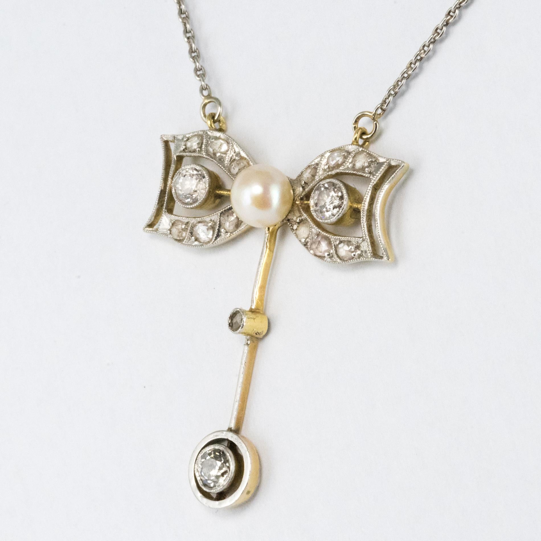 1920s French Belle Epoque Diamond Cultured Pearl Gold Pendant Necklace 2