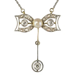 1920s French Belle Epoque Diamond Cultured Pearl Gold Pendant Necklace