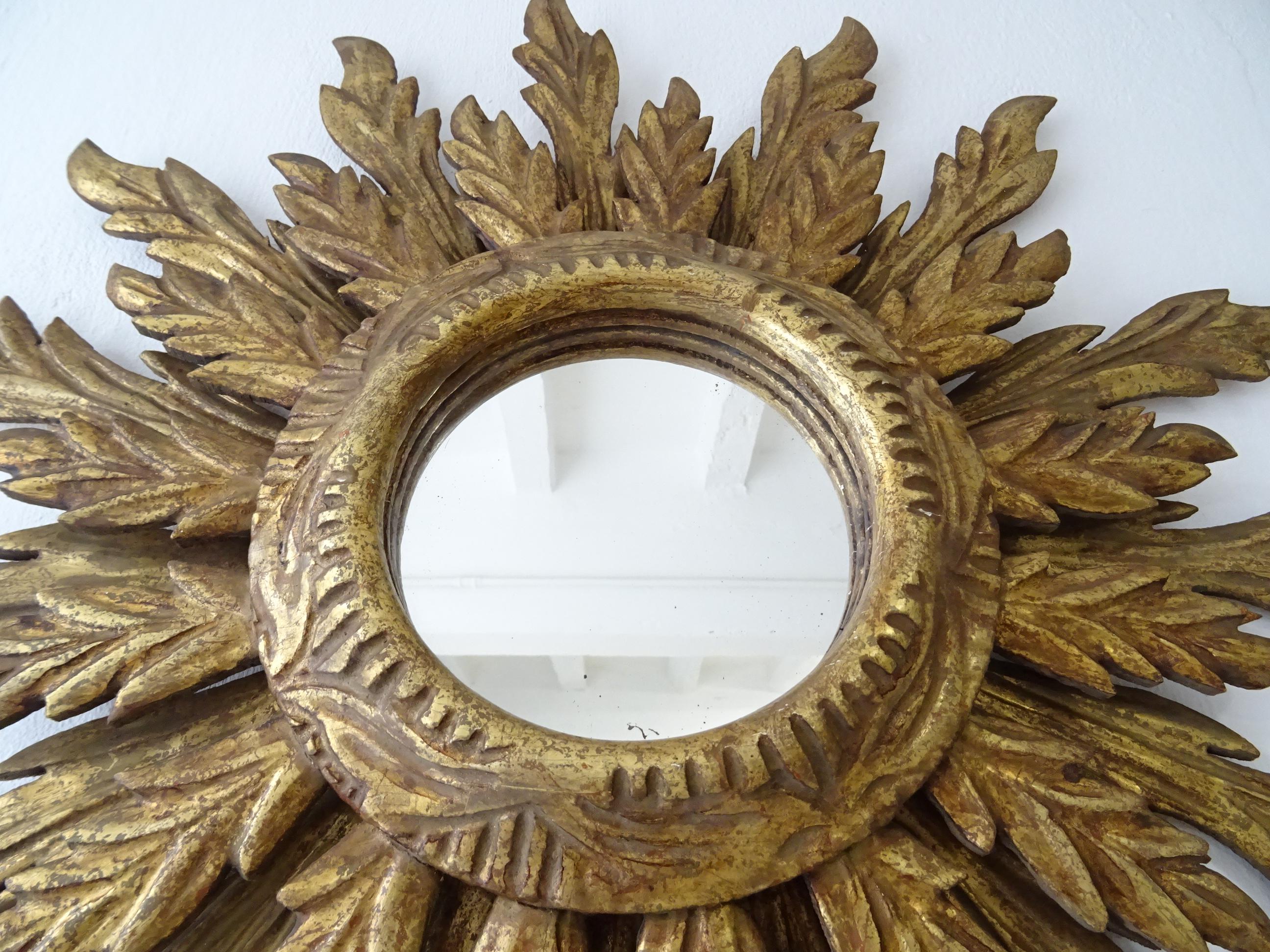 Early 20th Century 1920s French Big Double Gold Gilt Sunburst Starburst Mirror