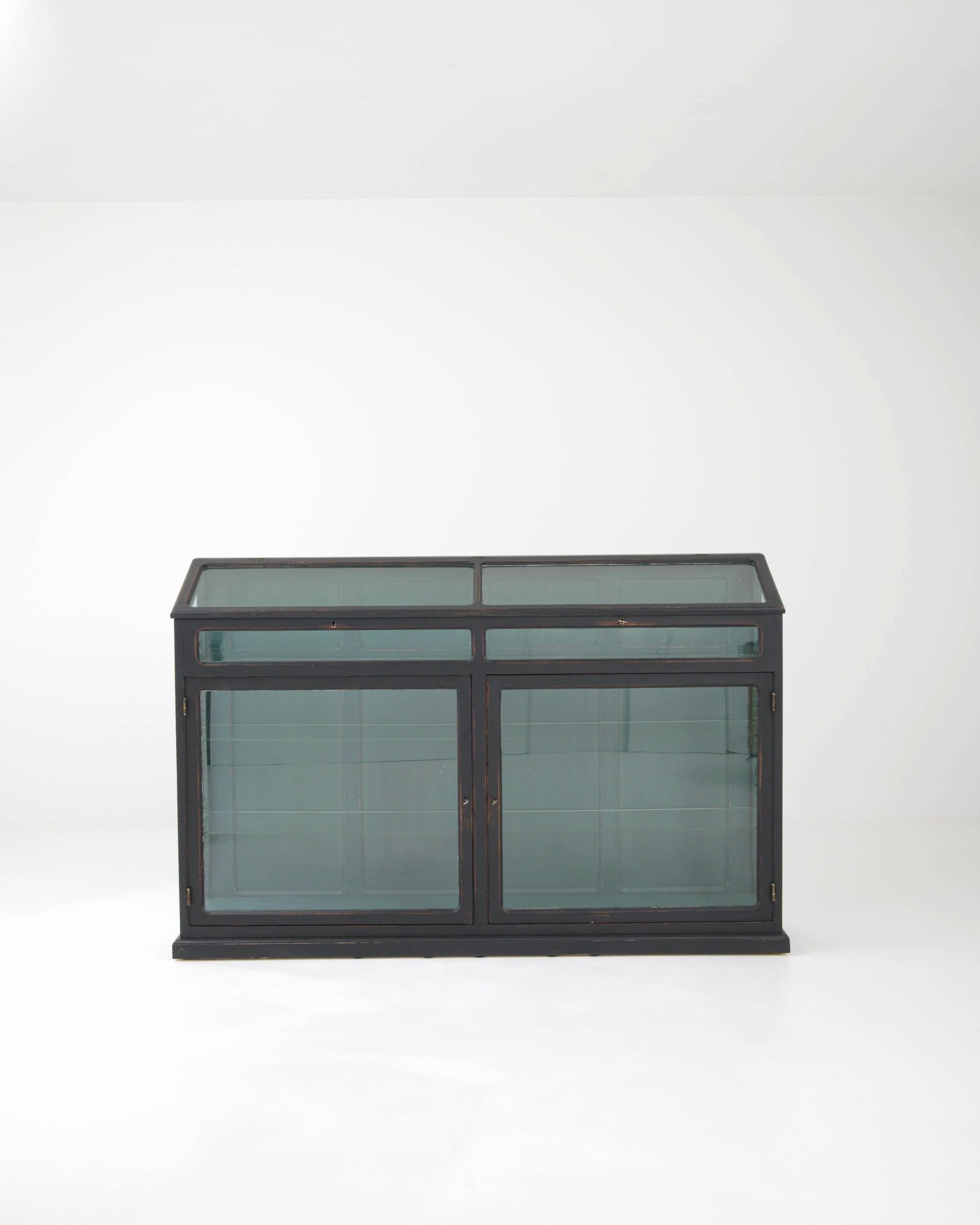 Clean lines and a distinctive color palette give this vintage wooden vitrine an air of timeless sophistication. Built in France in the 1920s, the broad proportions and beautiful craftsmanship of the case suggest that this piece would have originally