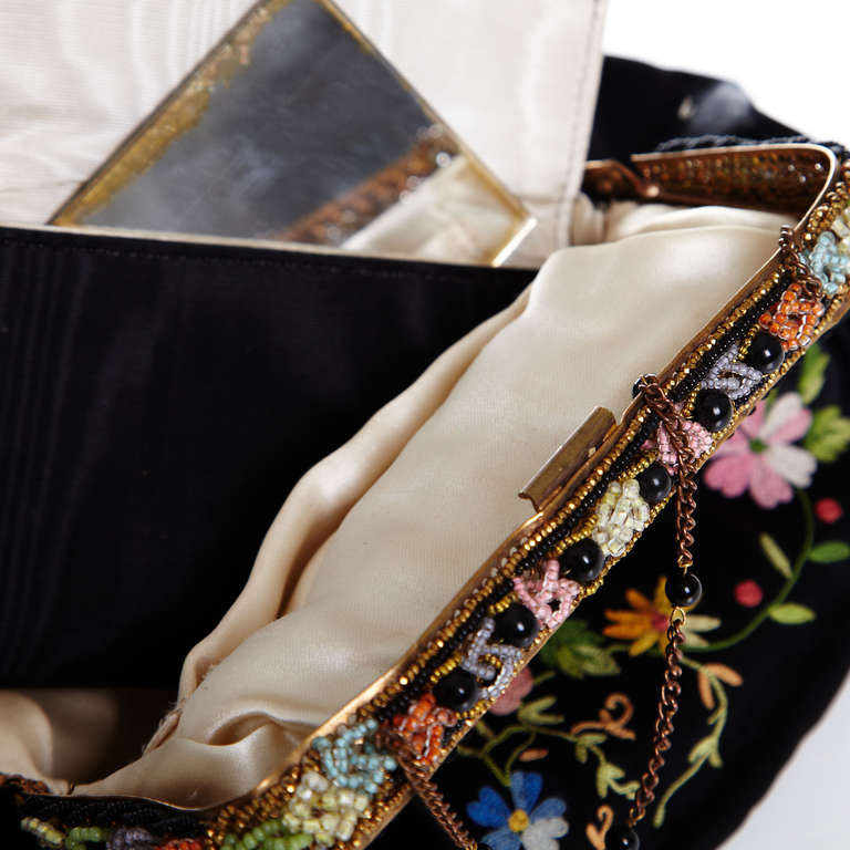 Women's 1920s French Black Silk Bag With Floral Embroidery & Hand Beadwork Frame