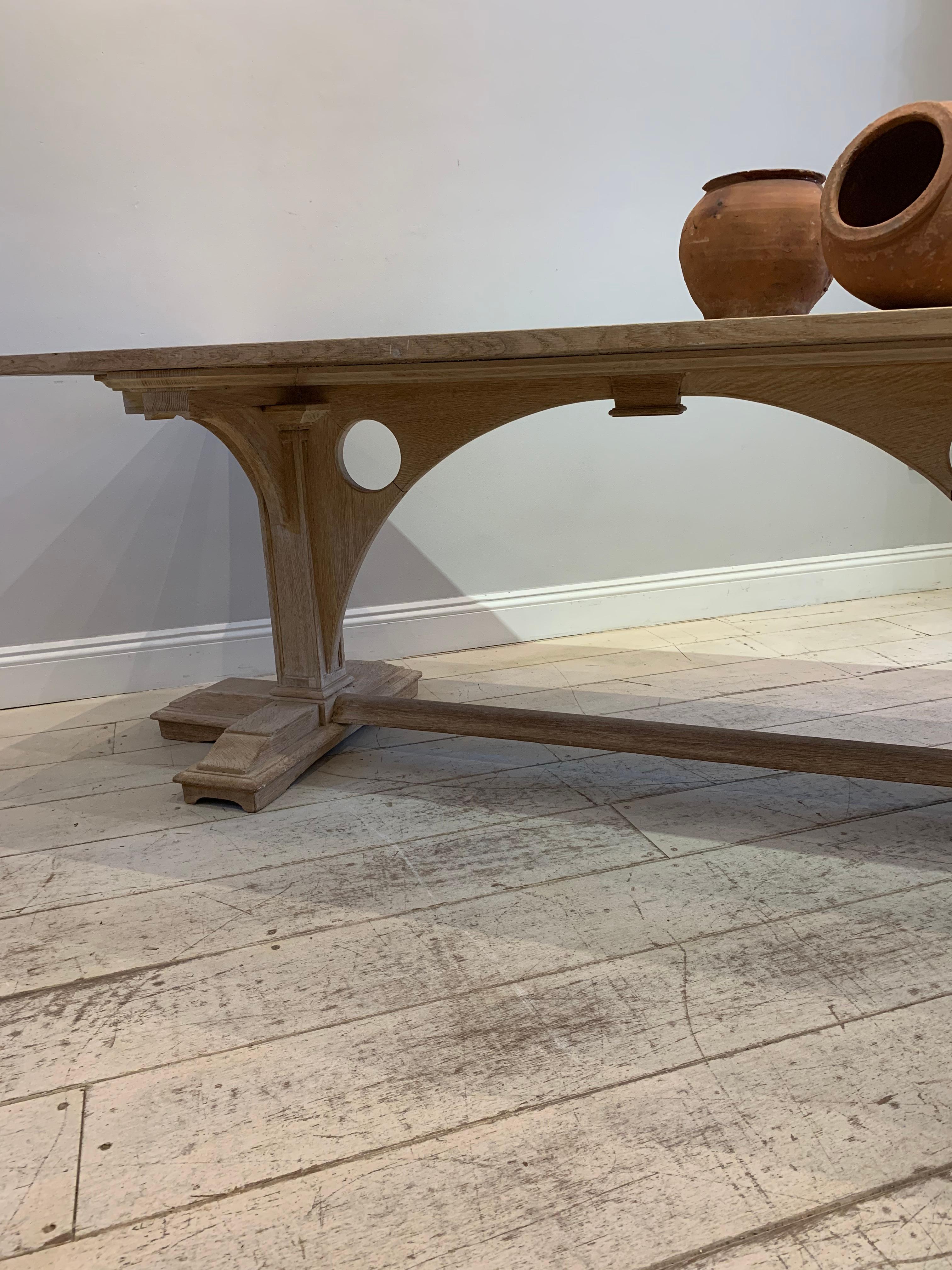 1920s French Bleached Oak Refectory Dining Table with a Decorative Gothic Base 9