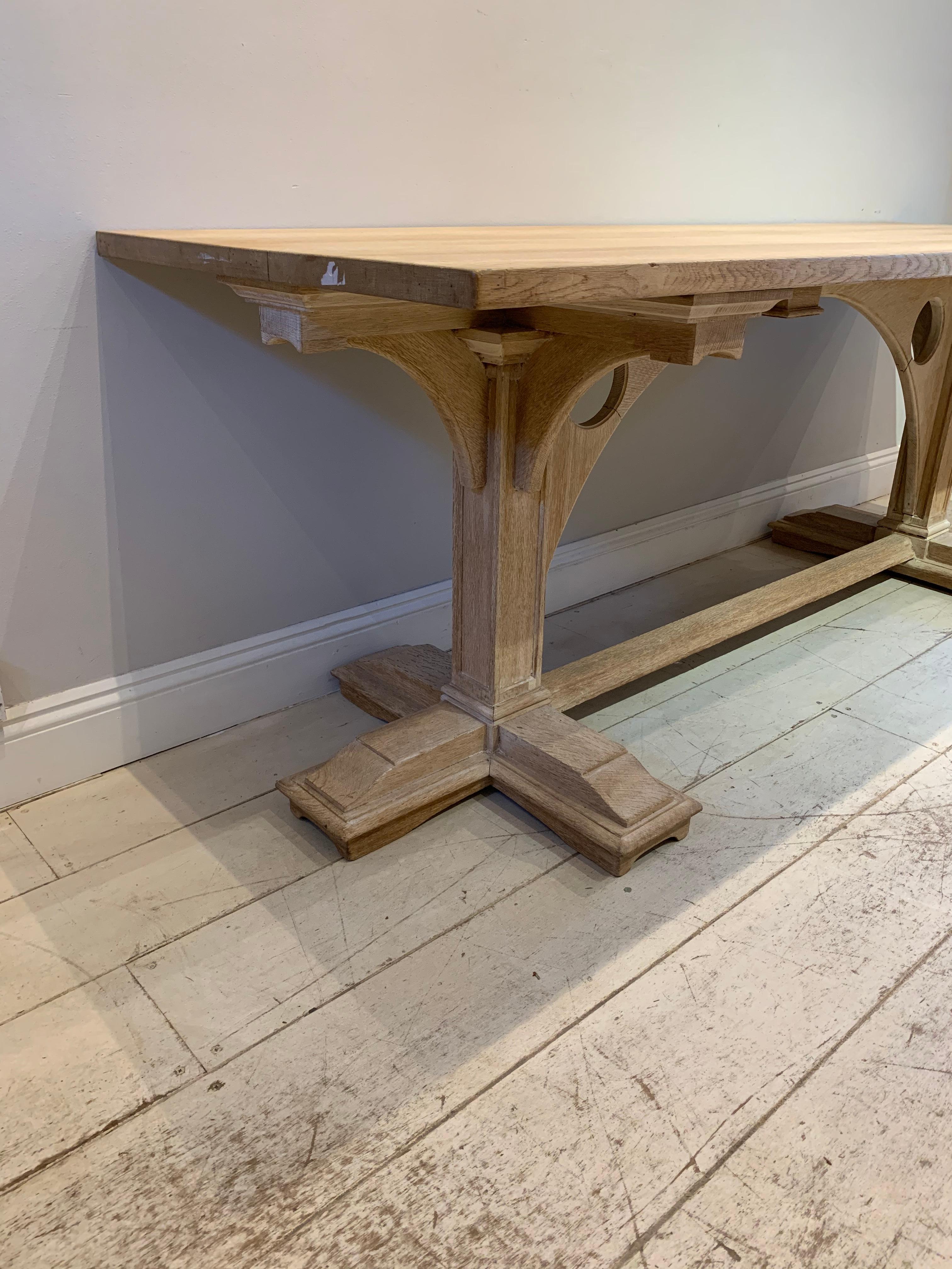 1920s French Bleached Oak Refectory Dining Table with a Decorative Gothic Base 2