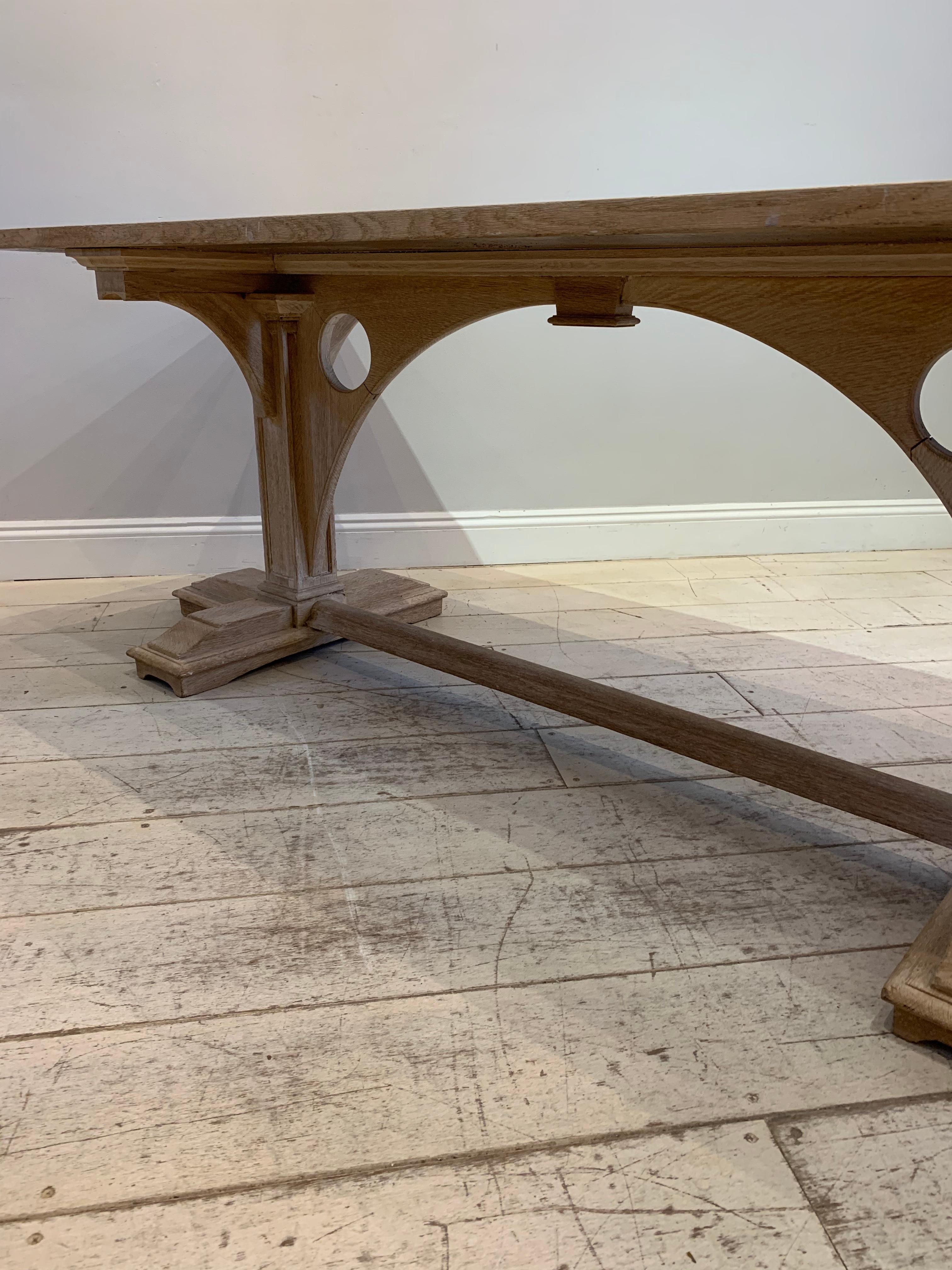 1920s French Bleached Oak Refectory Dining Table with a Decorative Gothic Base 4