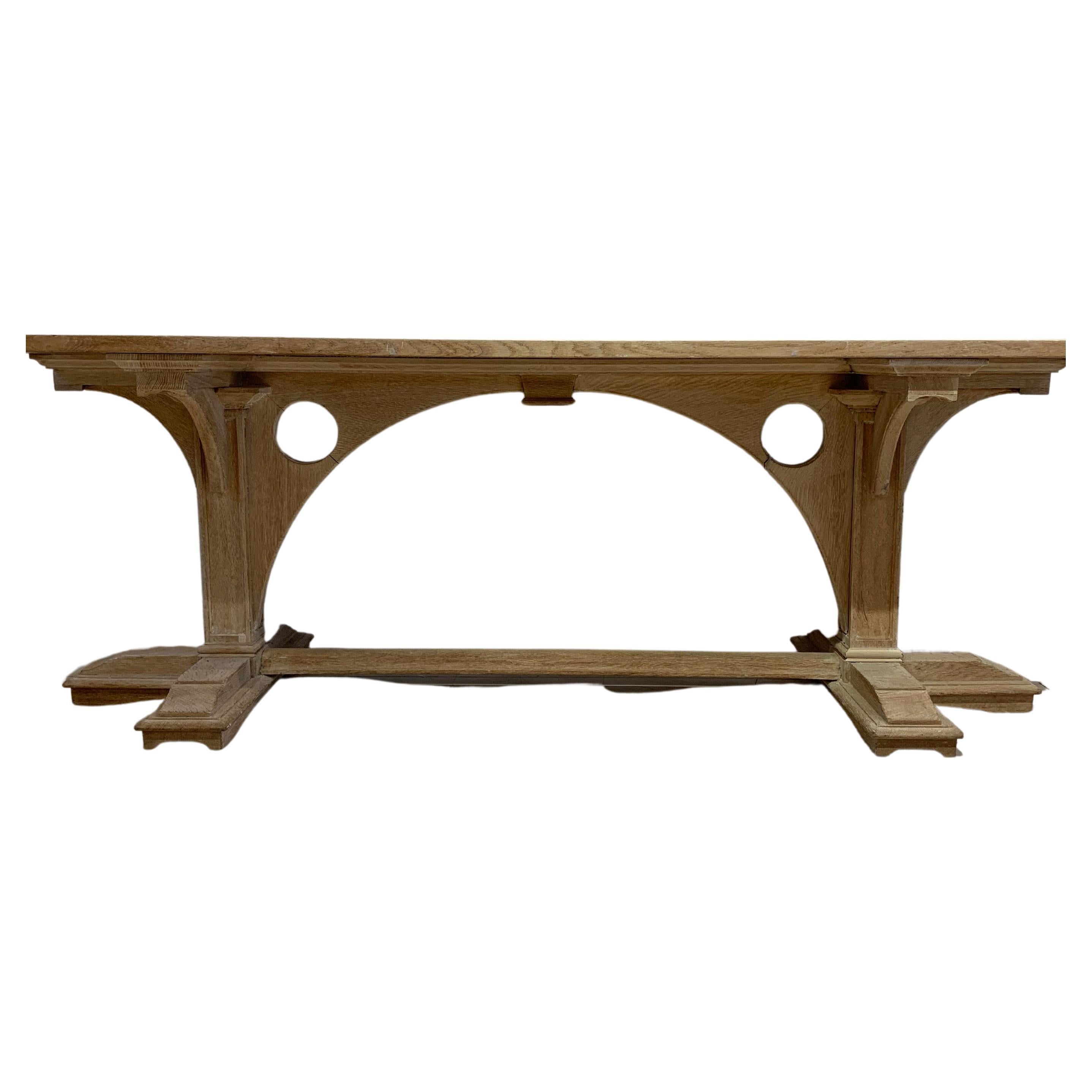 1920s French Bleached Oak Refectory Dining Table with a Decorative Gothic Base