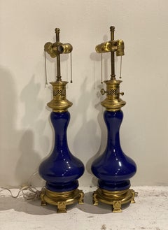 1920s French Blue Glazed Porcelain Lamps