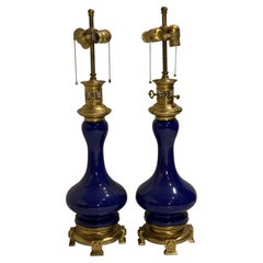 Antique 1920s French Blue Glazed Porcelain Lamps