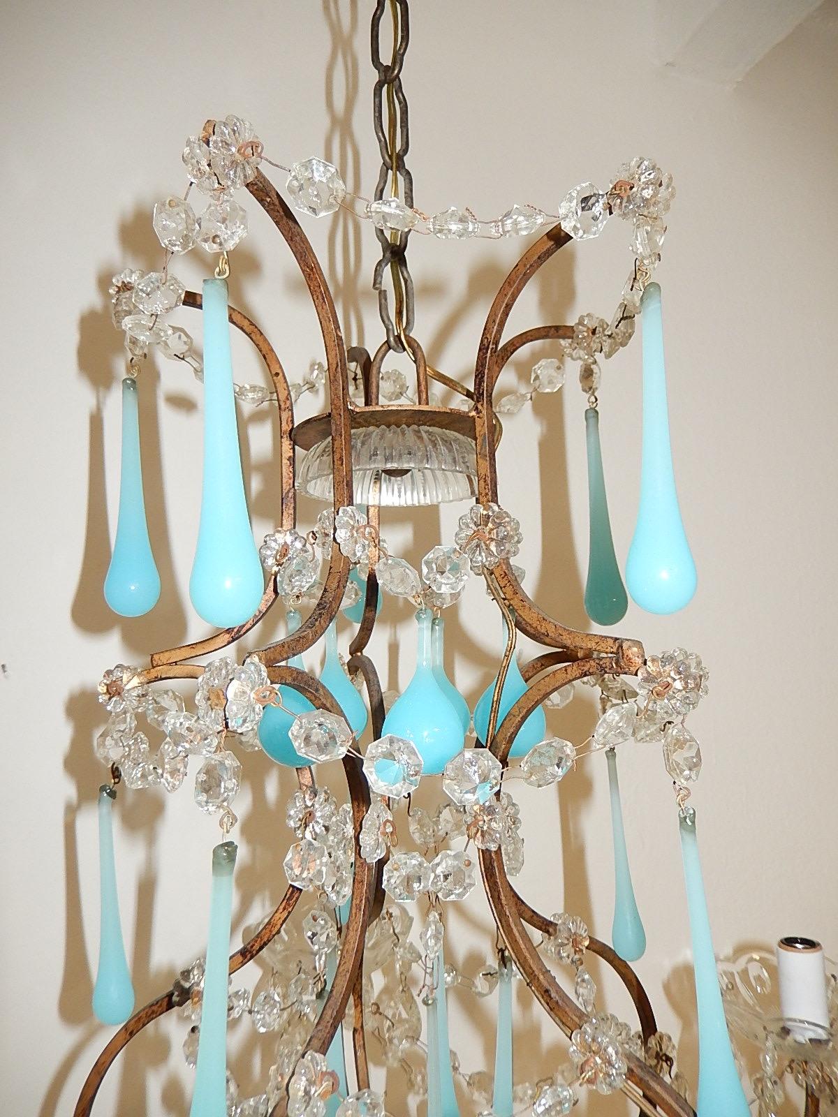 Baroque 1920s French Blue Opaline Murano Drops Crystal Prisms Chandelier