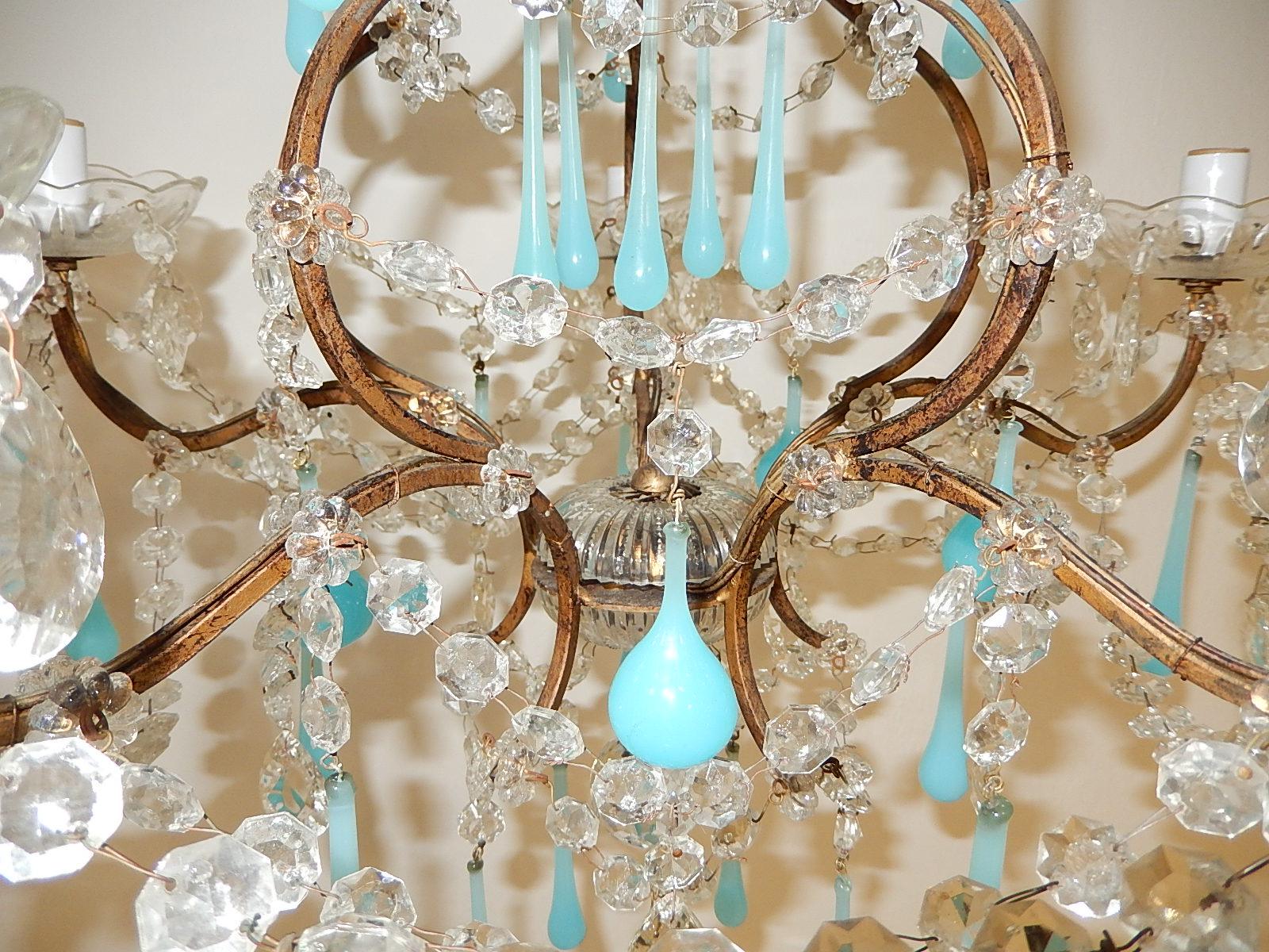1920s French Blue Opaline Murano Drops Crystal Prisms Chandelier In Good Condition In Modena (MO), Modena (Mo)