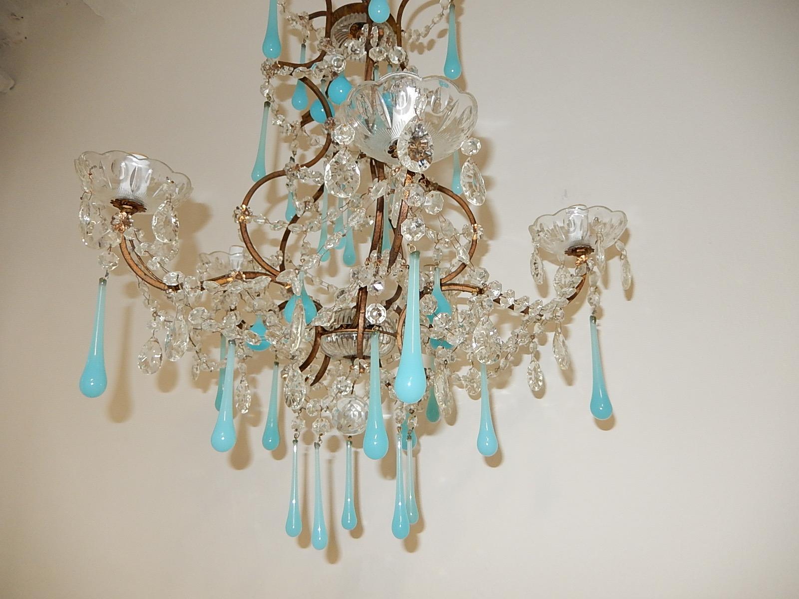 Early 20th Century 1920s French Blue Opaline Murano Drops Crystal Prisms Chandelier