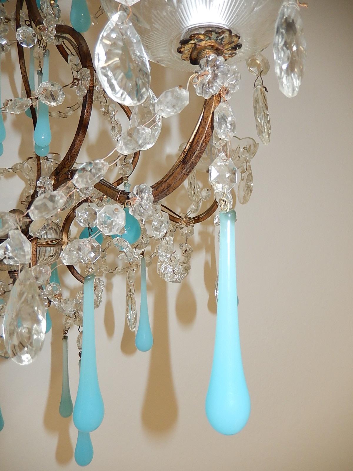 1920s French Blue Opaline Murano Drops Crystal Prisms Chandelier 1