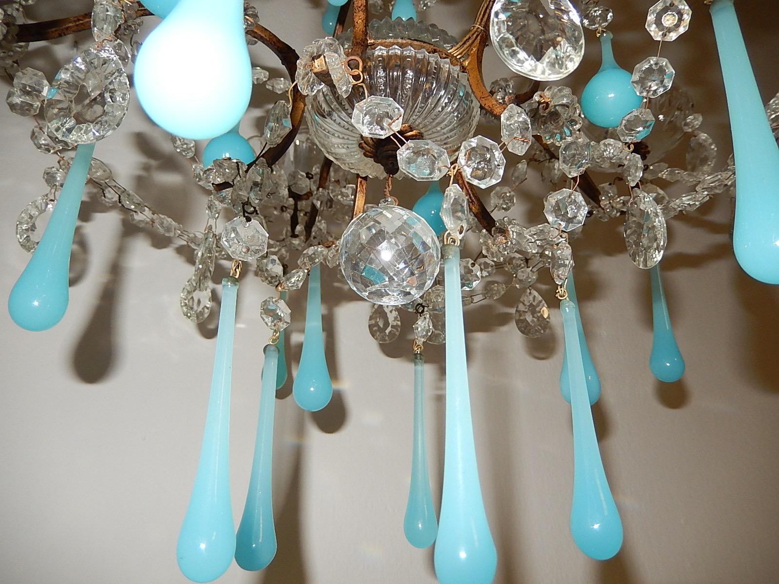 1920s French Blue Opaline Murano Drops Crystal Prisms Chandelier 2