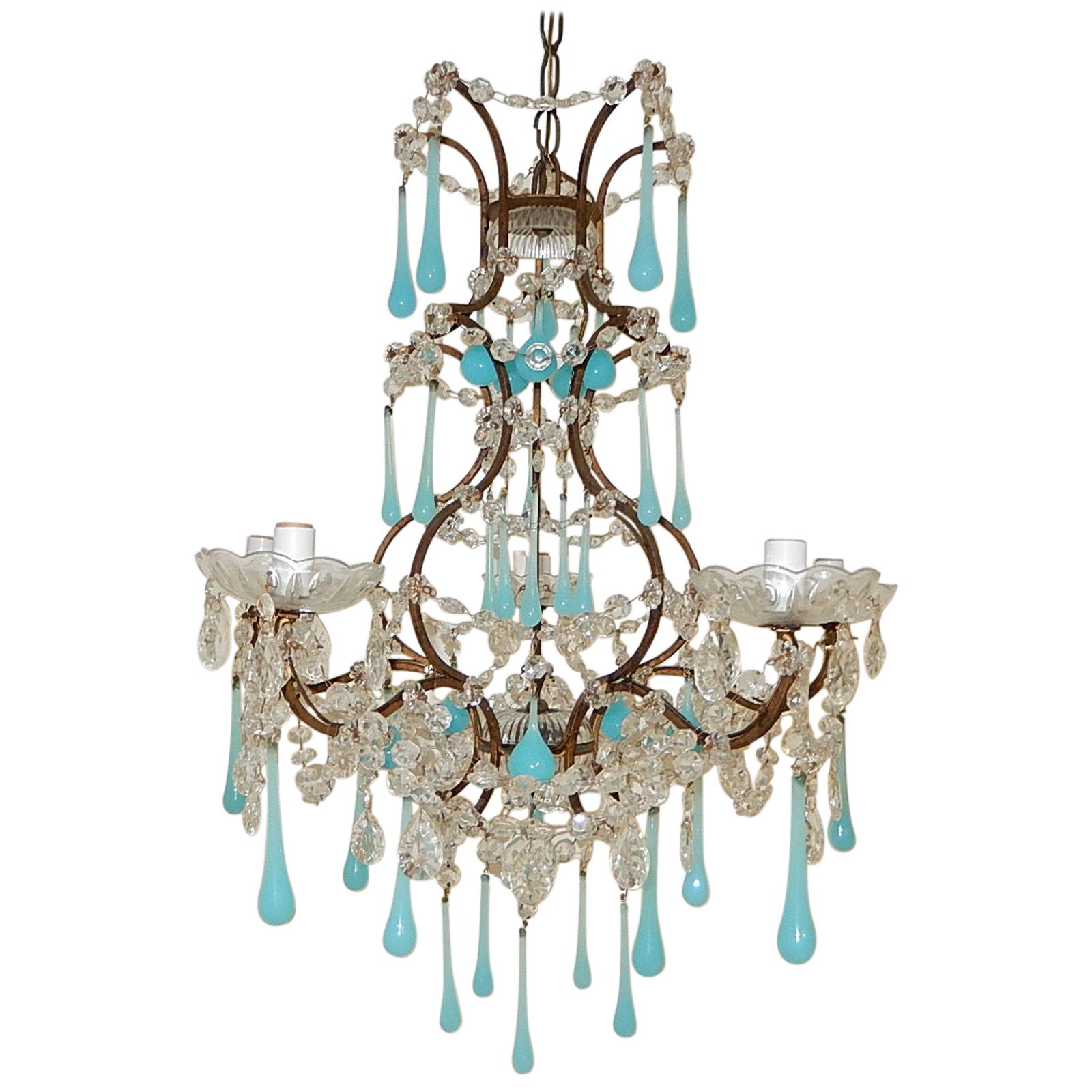 1920s French Blue Opaline Murano Drops Crystal Prisms Chandelier