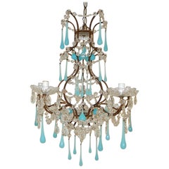 Antique 1920s French Blue Opaline Murano Drops Crystal Prisms Chandelier