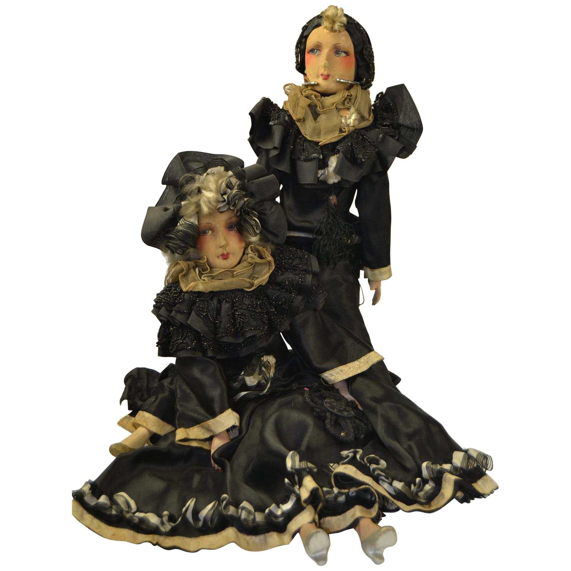 1920s Pair of French Boudoir Dolls, Salon Dolls, Pierrot and Pierrette