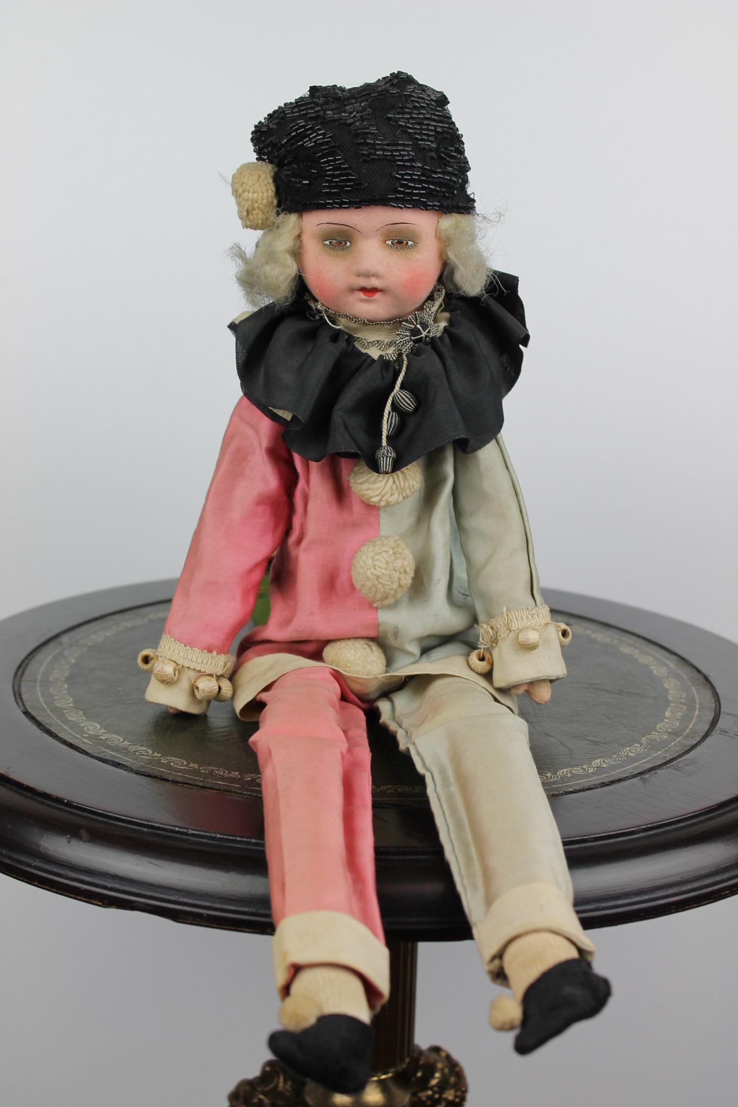 1920s French Boudoir Salon Harlequin Doll, Pierrot Doll 4