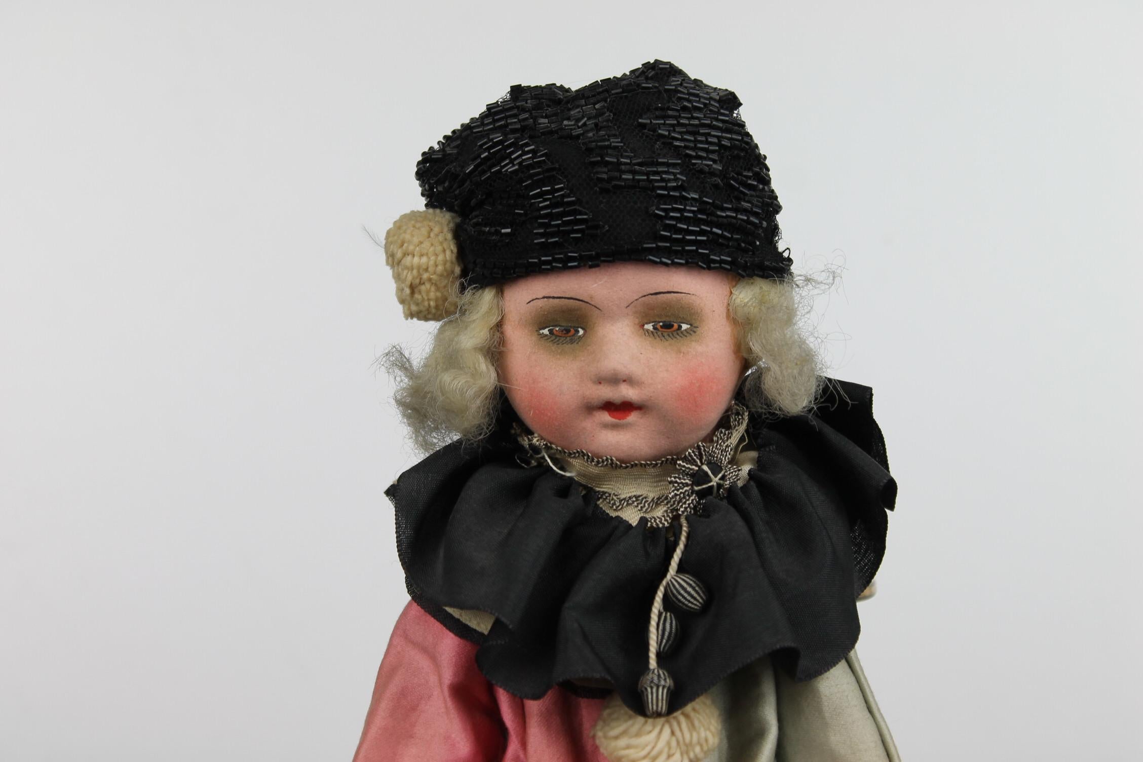 1920s French Boudoir Salon Harlequin Doll, Pierrot Doll 5