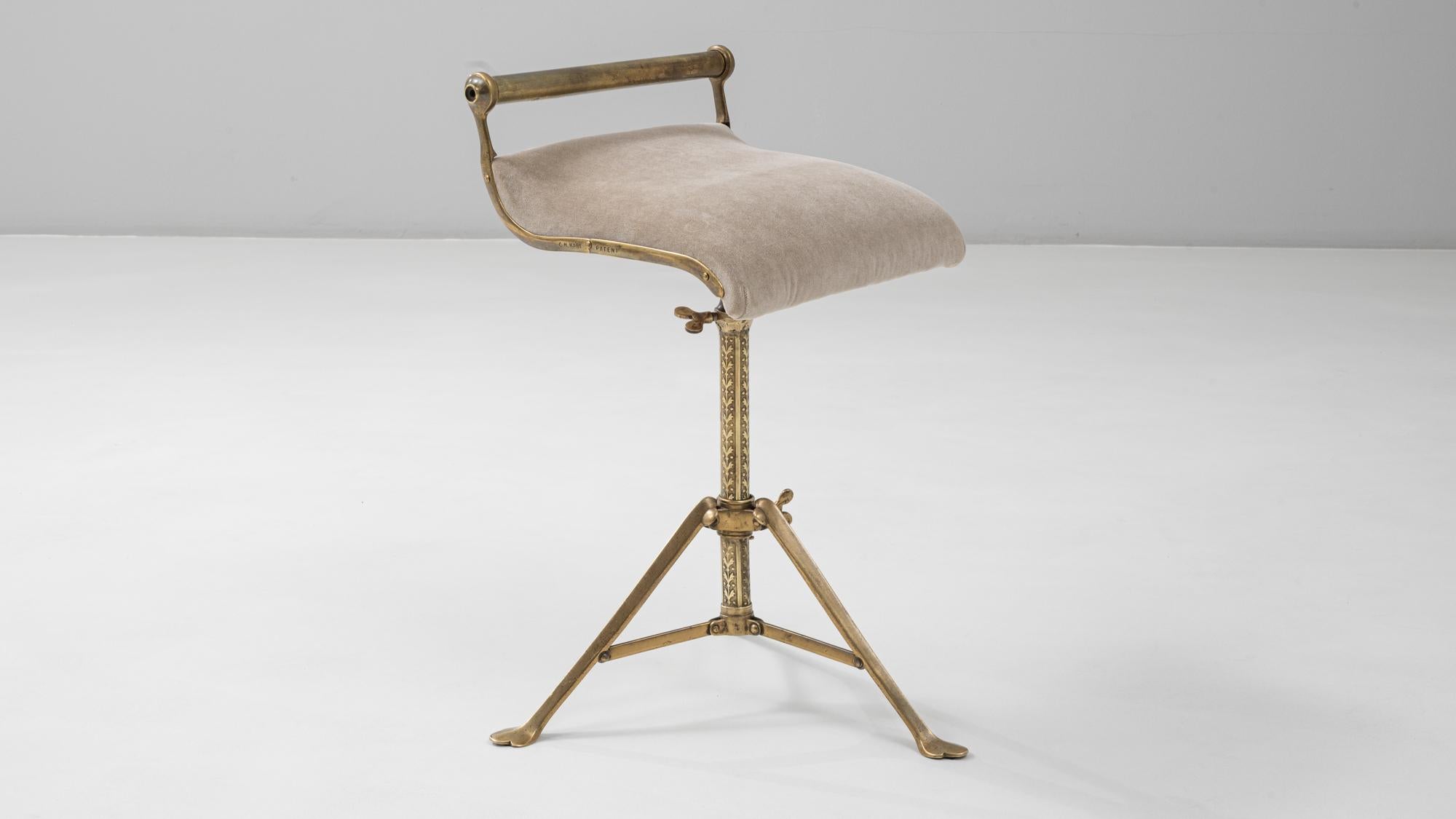1920s French Brass Adjustable Stool With Upholstered Seat and Tripod Base 4