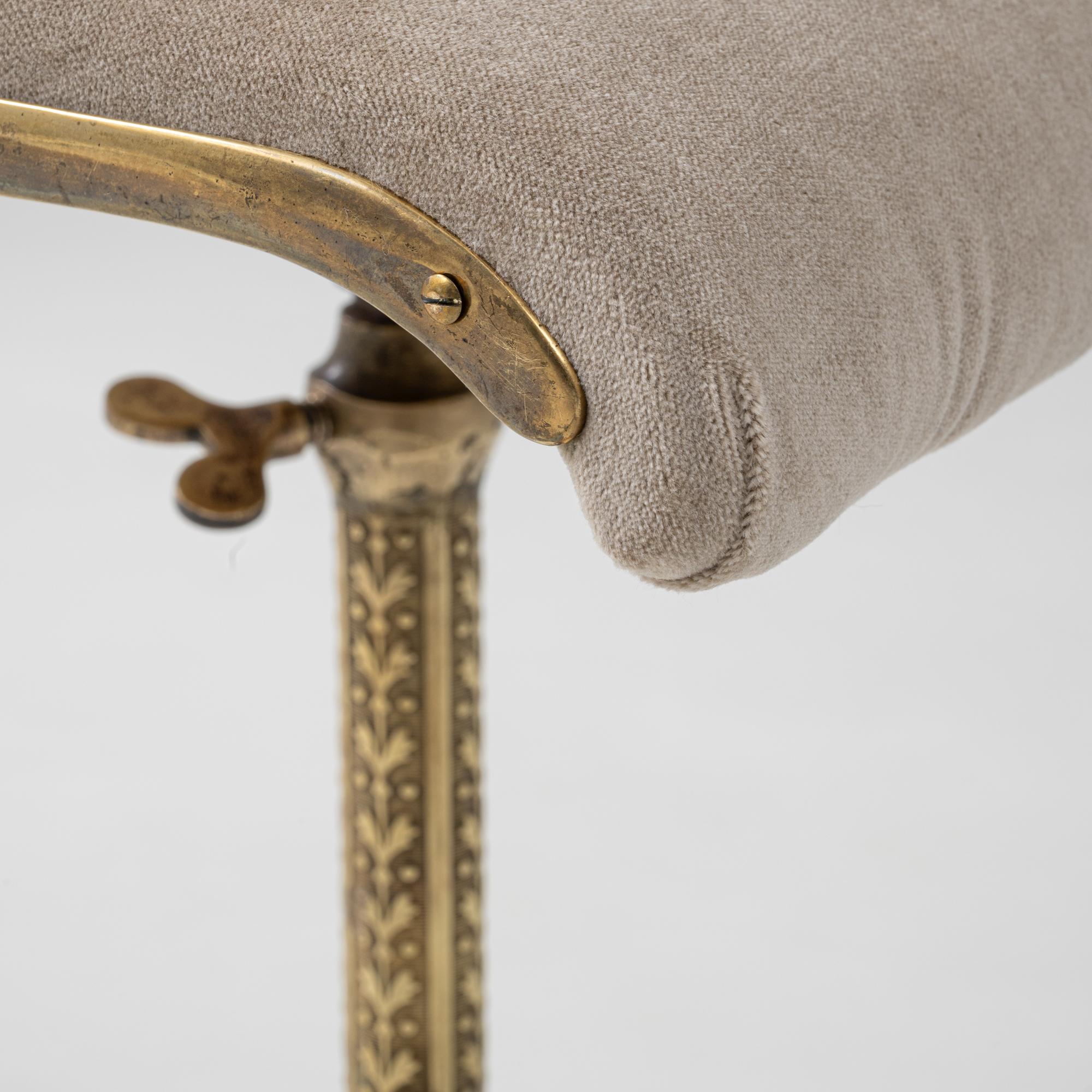 1920s French Brass Adjustable Stool With Upholstered Seat and Tripod Base 6