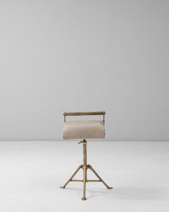 1920s French Brass Adjustable Stool With Upholstered Seat and Tripod Base