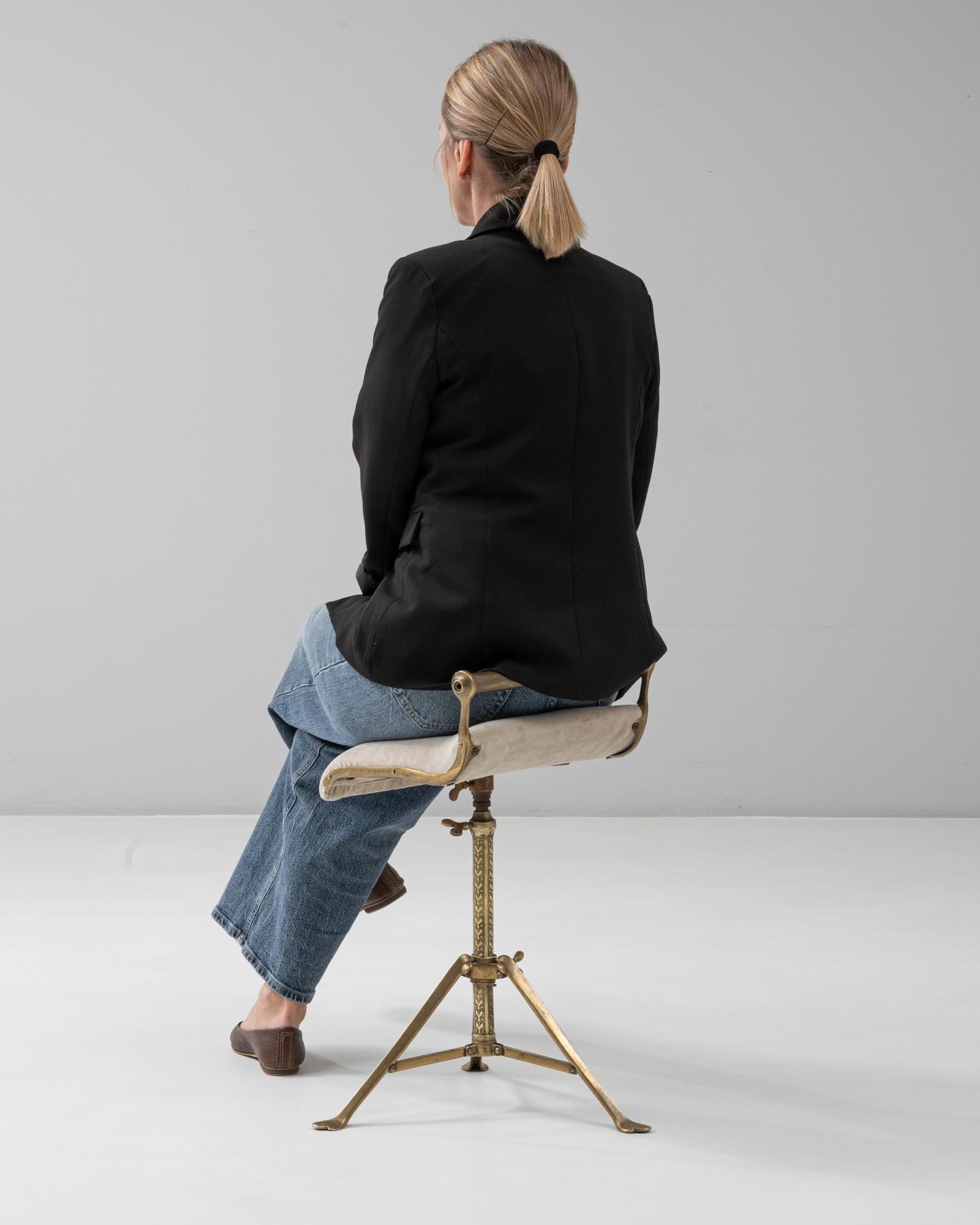 1920s French Brass Adjustable Stool With Upholstered Seat and Tripod Base 1
