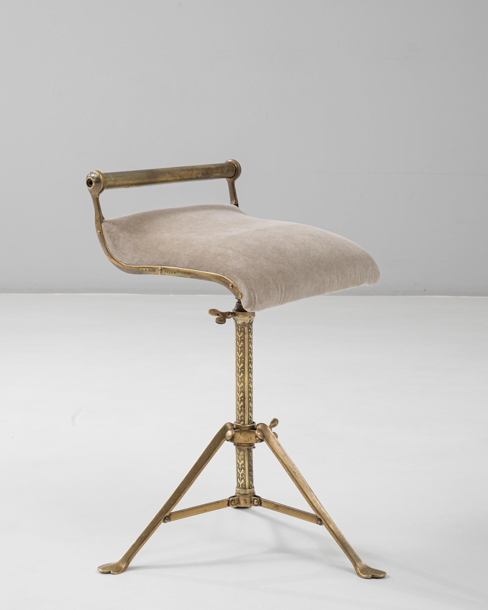 1920s French Brass Adjustable Stool With Upholstered Seat and Tripod Base 3