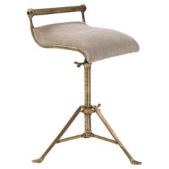 1920s French Brass Adjustable Stool With Upholstered Seat and Tripod Base