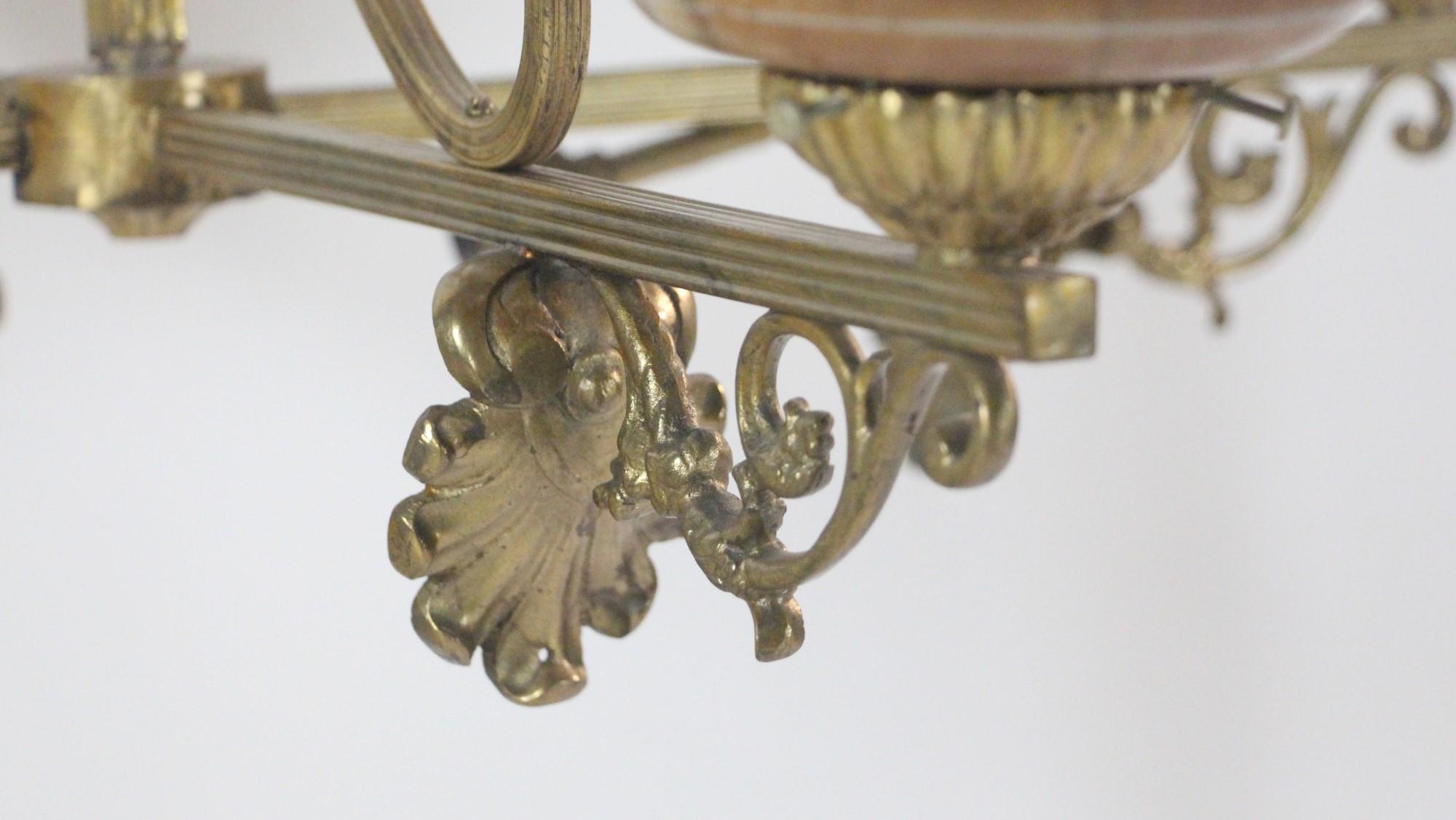 1920s French Brass Chandelier w/ 4 Arms and Alabaster Shades 7