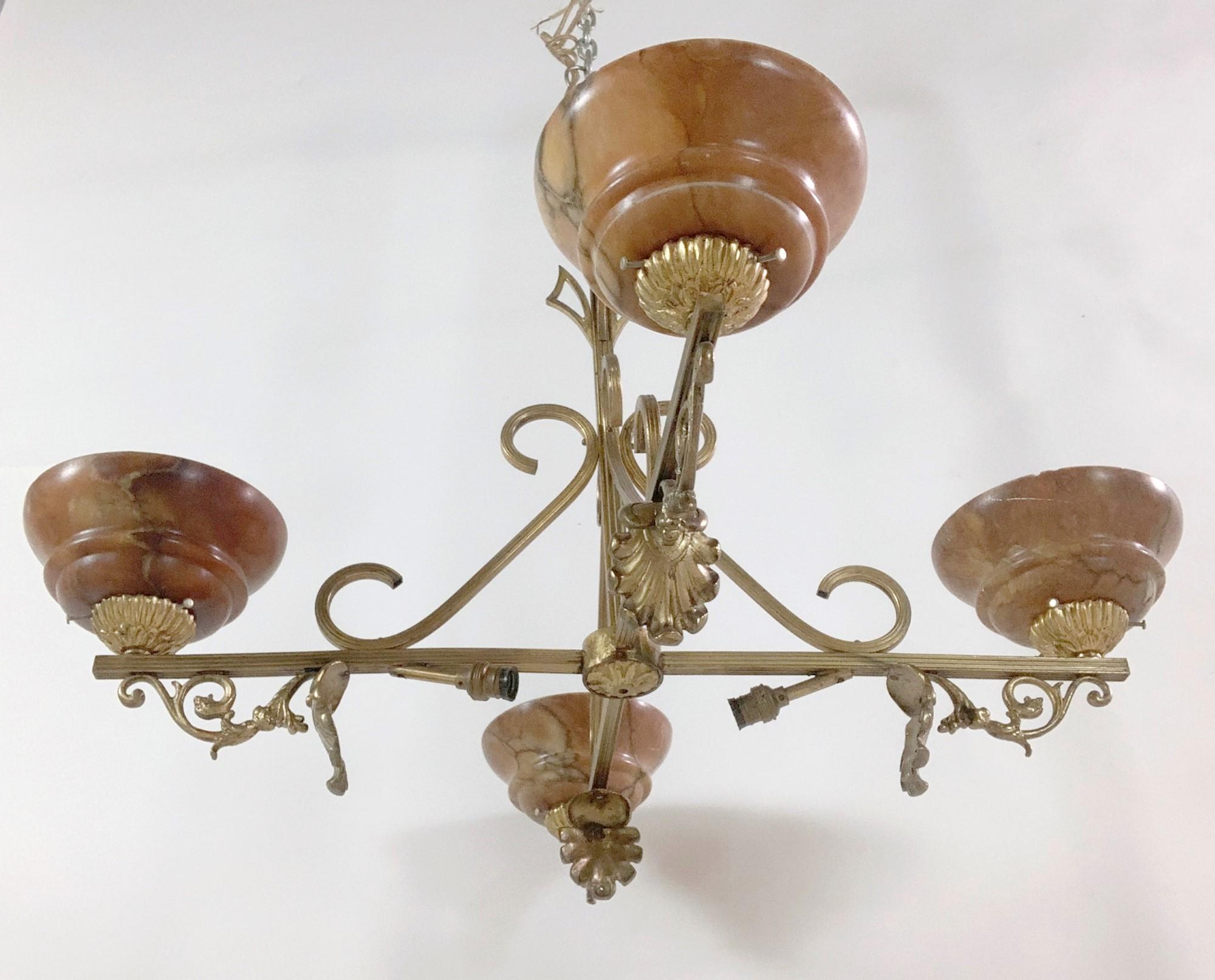 1920s French Brass Chandelier w/ 4 Arms and Alabaster Shades 8