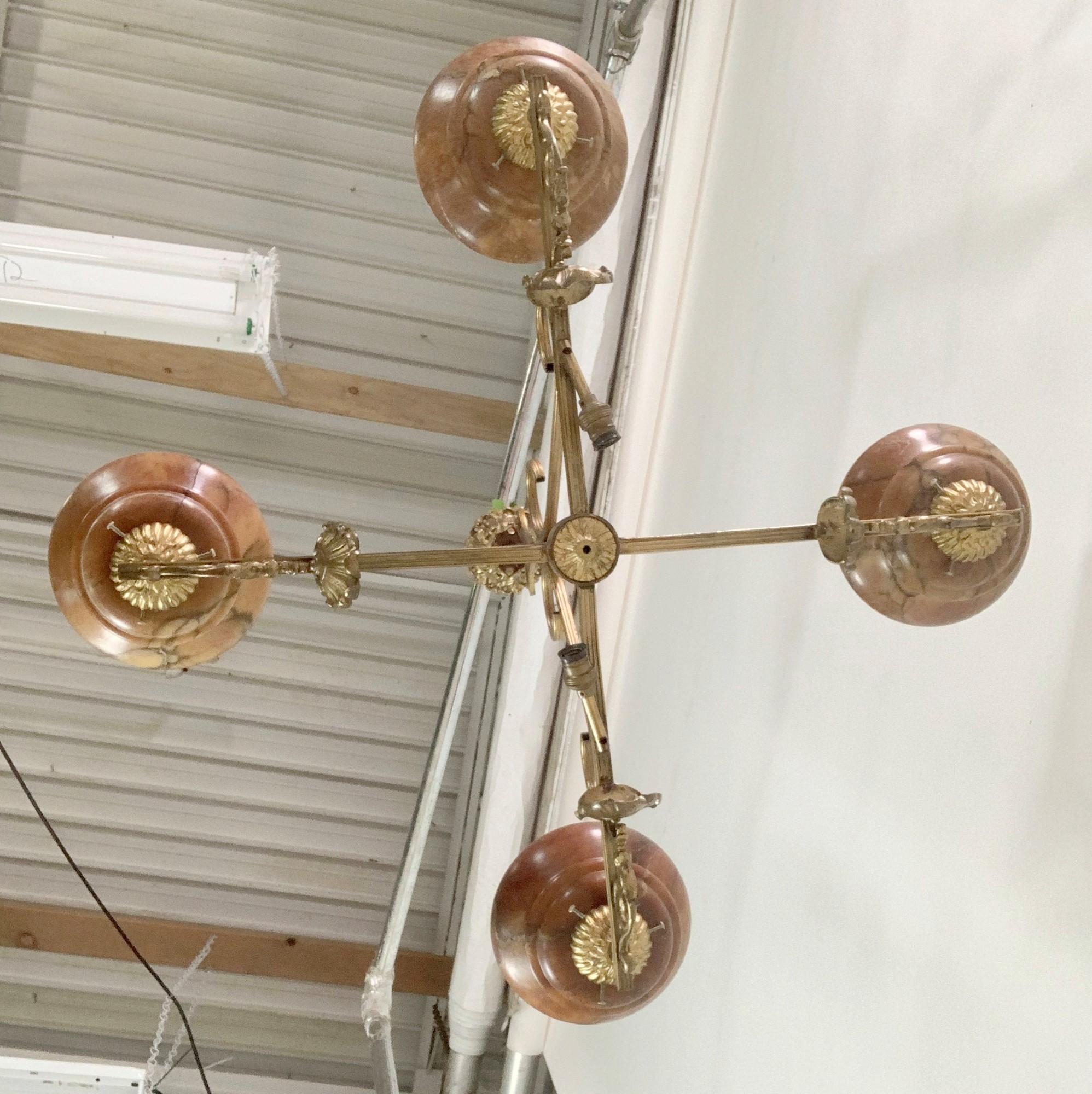 1920s French Brass Chandelier w/ 4 Arms and Alabaster Shades 9