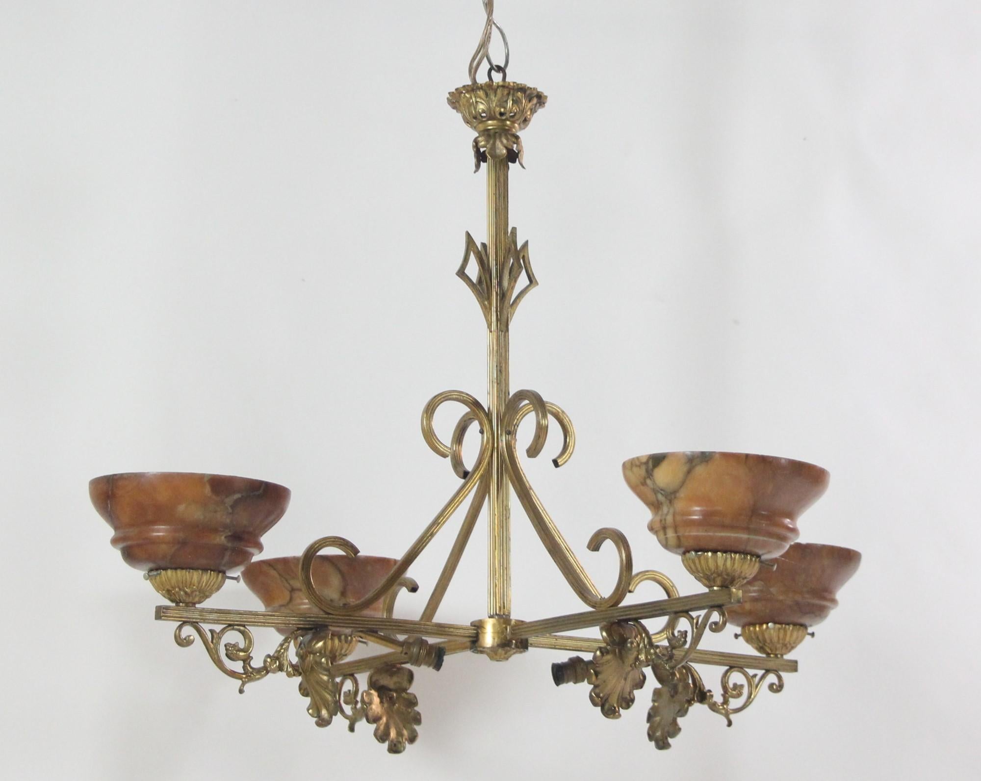 1920s French Brass Chandelier w/ 4 Arms and Alabaster Shades In Good Condition In New York, NY