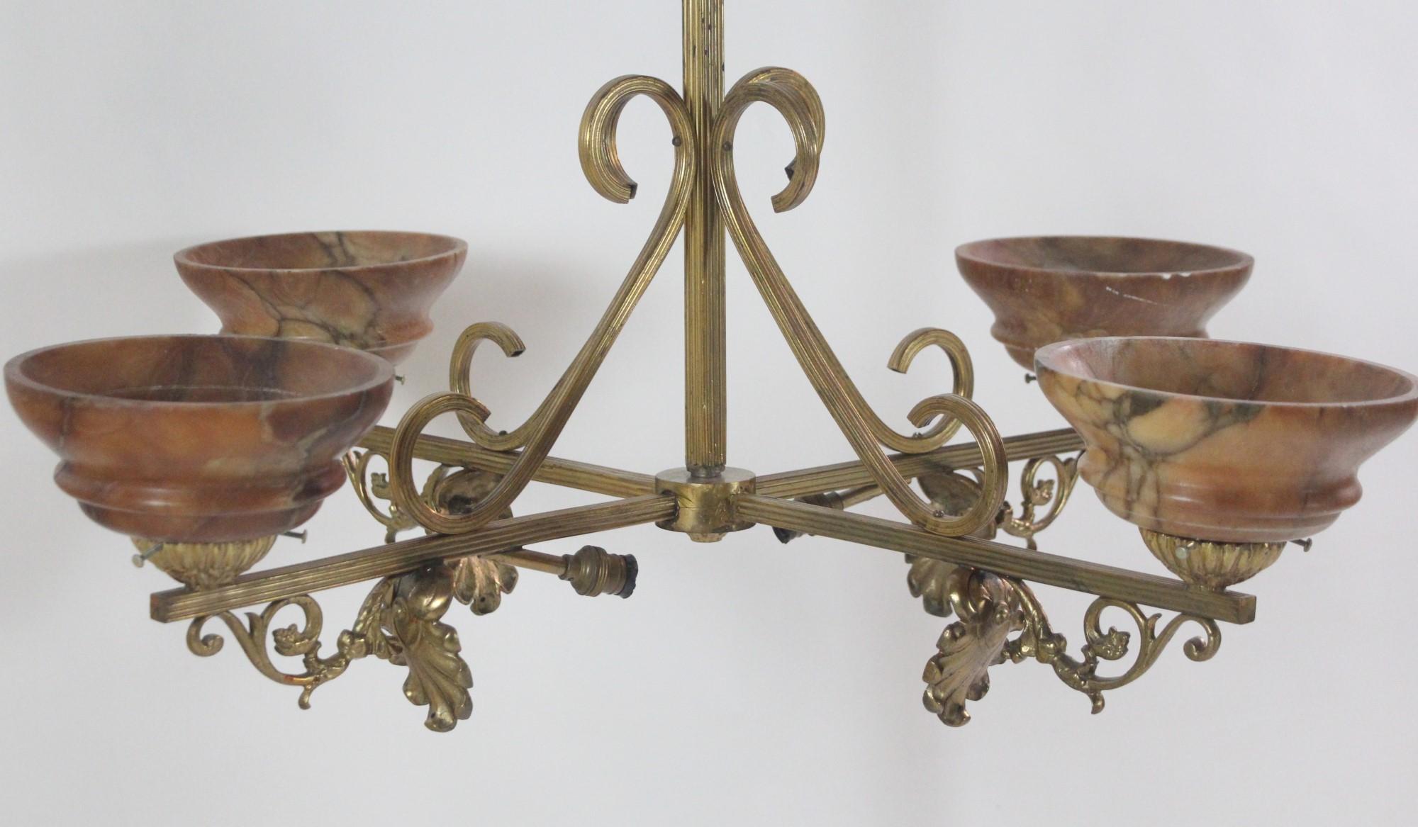 Early 20th Century 1920s French Brass Chandelier w/ 4 Arms and Alabaster Shades