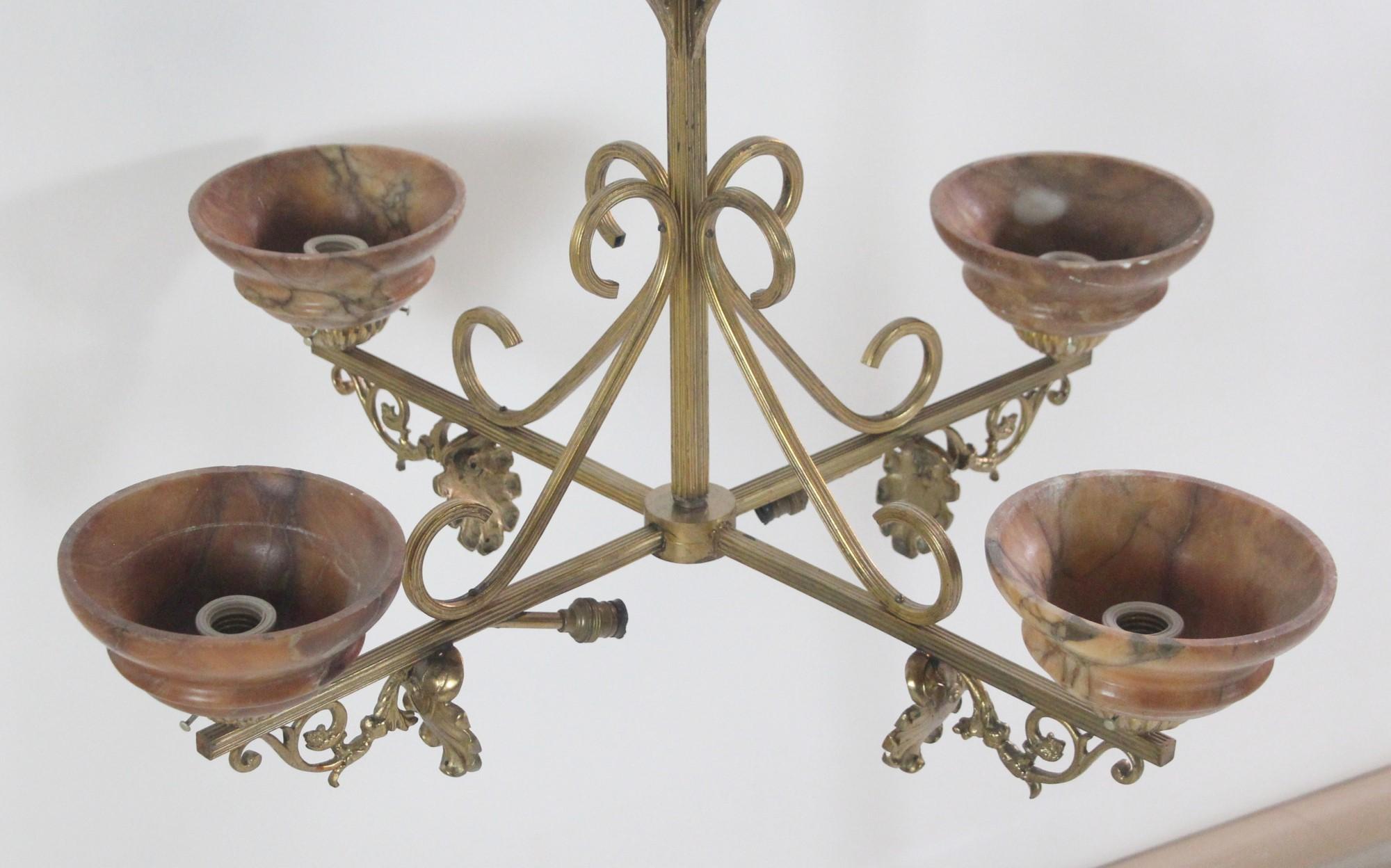 1920s French Brass Chandelier w/ 4 Arms and Alabaster Shades 1