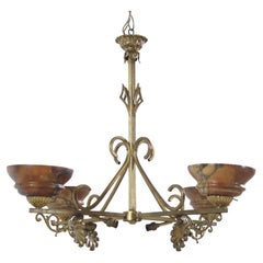 1920s French Brass Chandelier w/ 4 Arms and Alabaster Shades