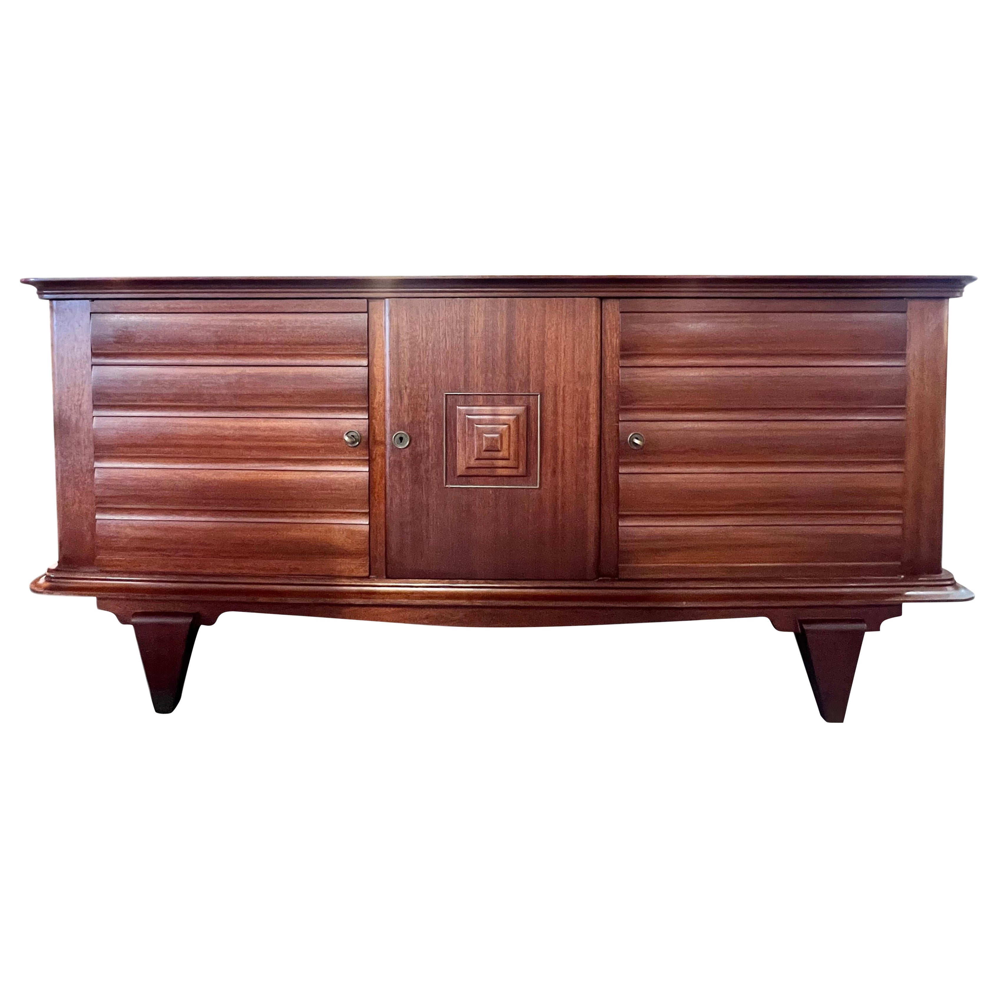 1920s French Mahogany Sideboard, Art Deco Style with Brass Inlay