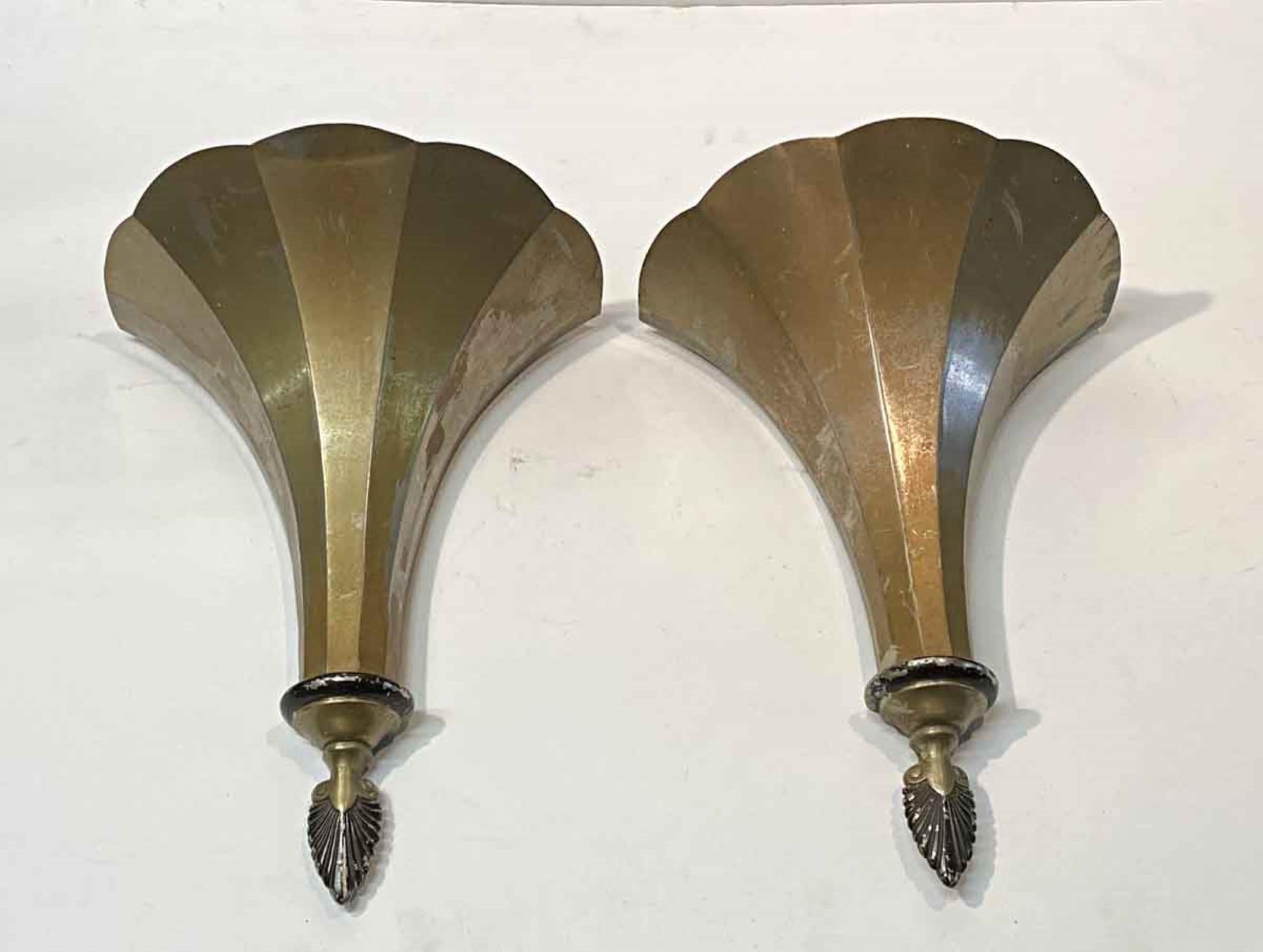 1920s pair of original painted finish French theater torche brass wall sconces. Slight bend in one of the flutes as can be seen in the photo. Priced as a pair. This can be seen at our 400 Gilligan St location in Scranton. PA.