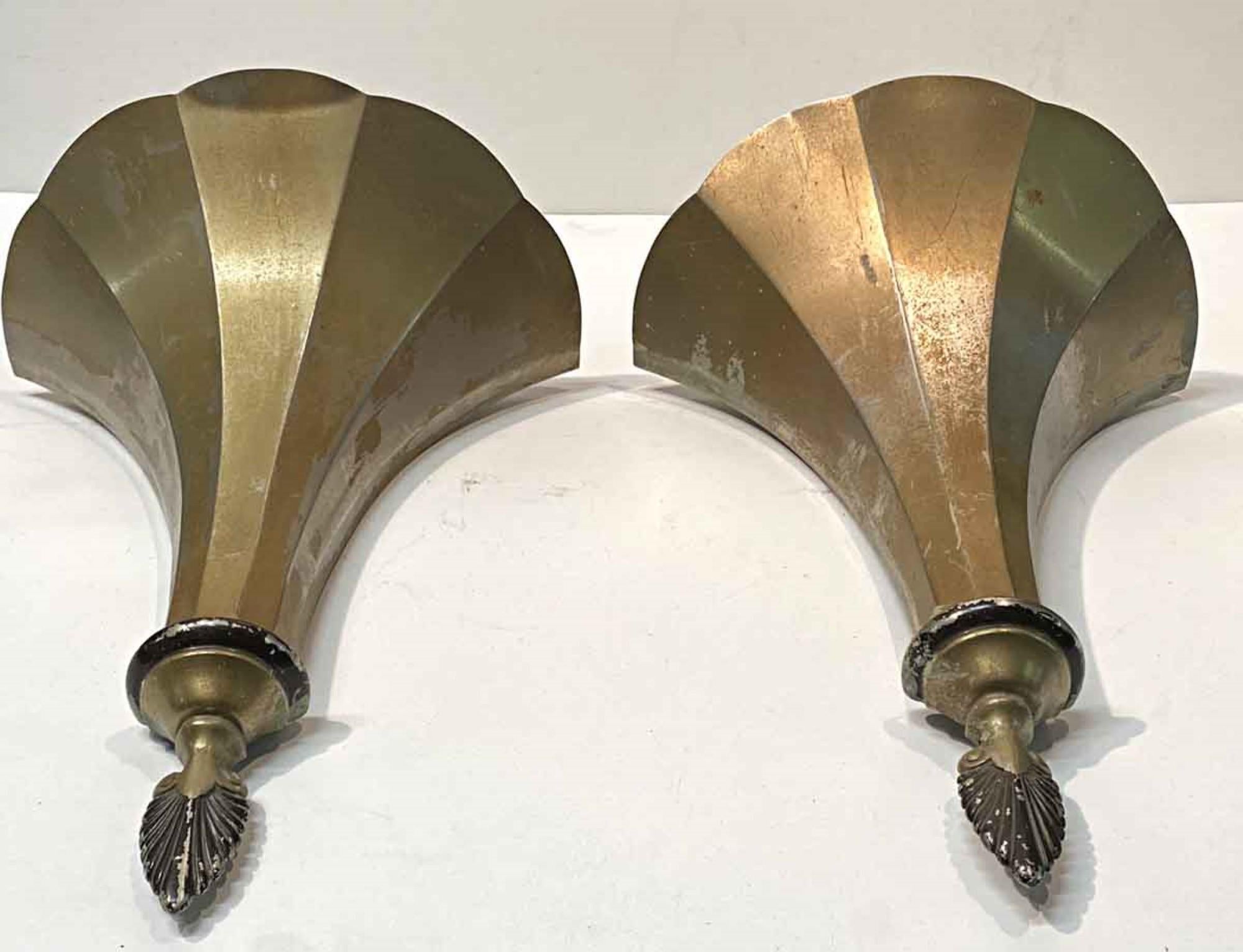 1920s Pair of French Brass Torche Wall Sconces from a Theater w/ Original Paint In Good Condition In New York, NY