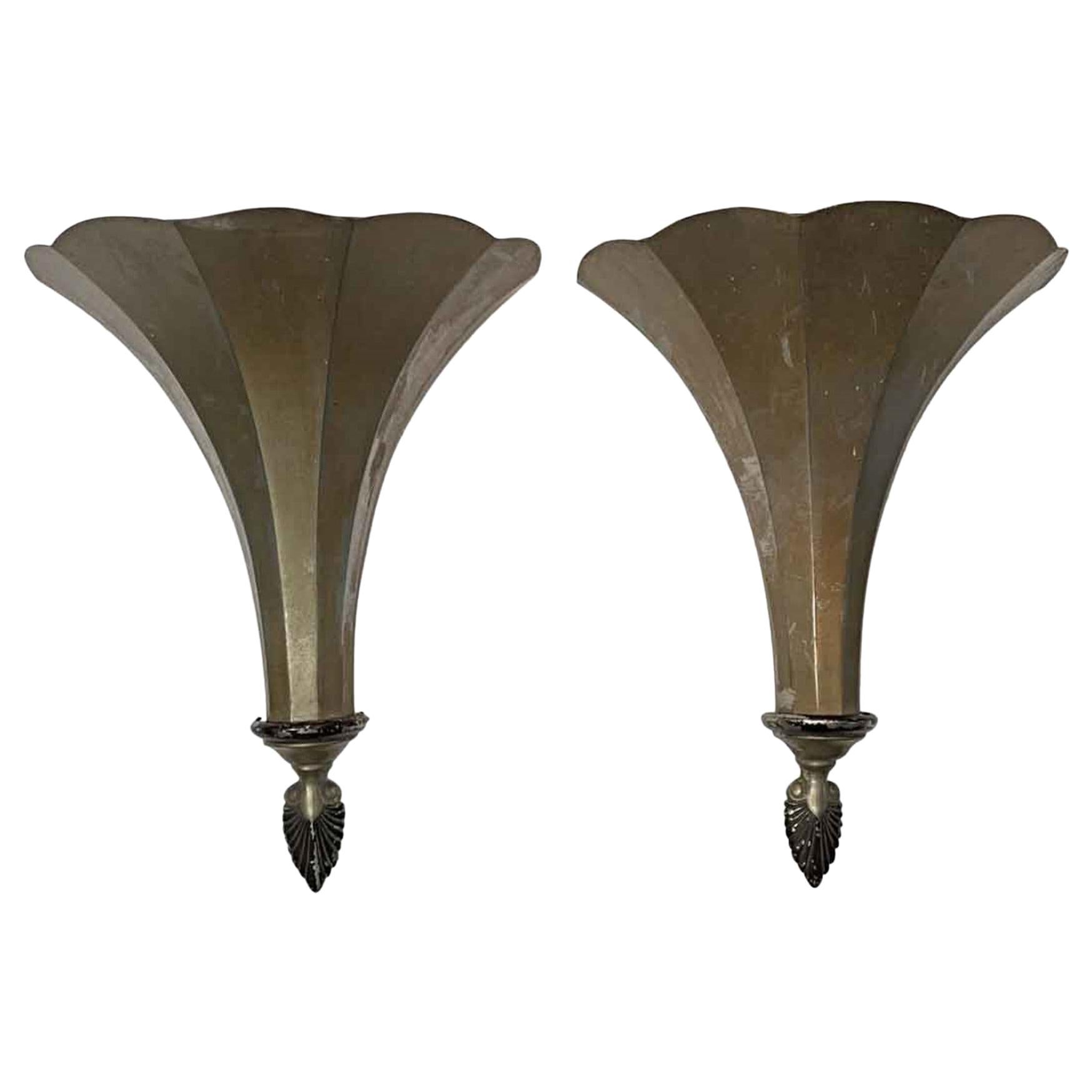 1920s Pair of French Brass Torche Wall Sconces from a Theater w/ Original Paint