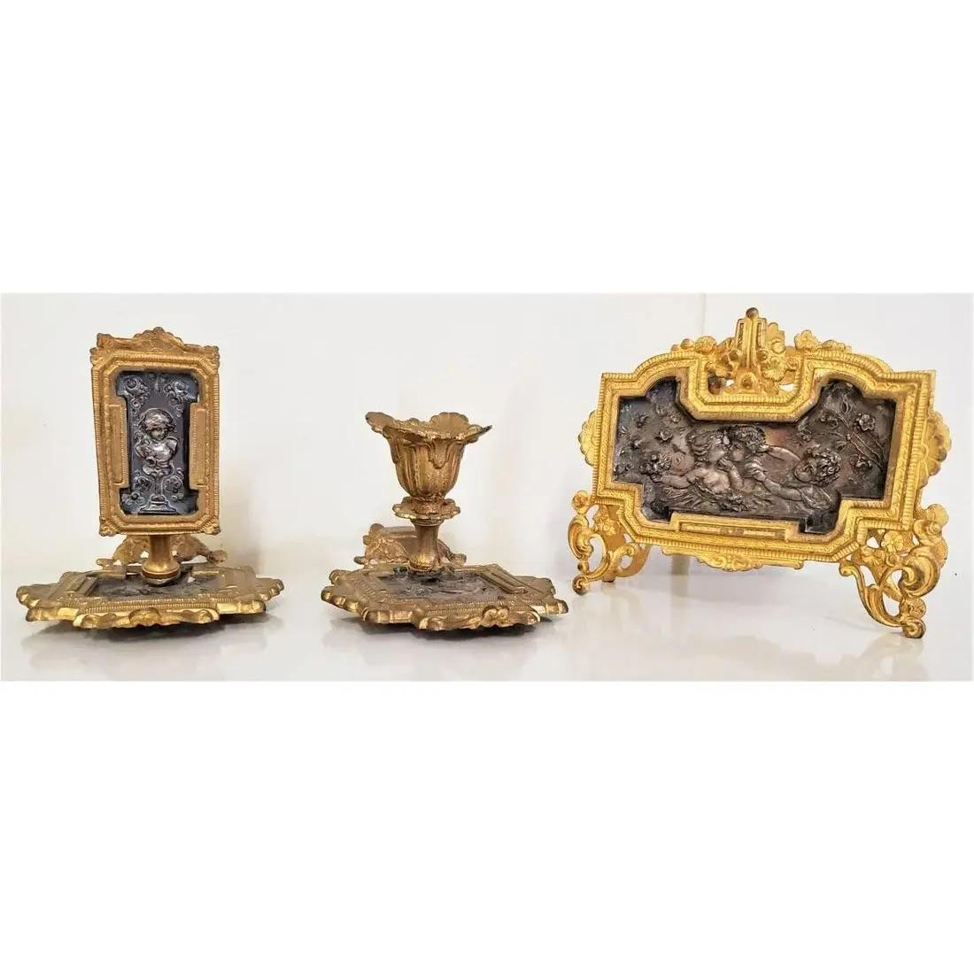 1920s French Bronze Candle Stick, Napkin Holder and Candle Set- 3 Pieces In Good Condition For Sale In Pasadena, CA