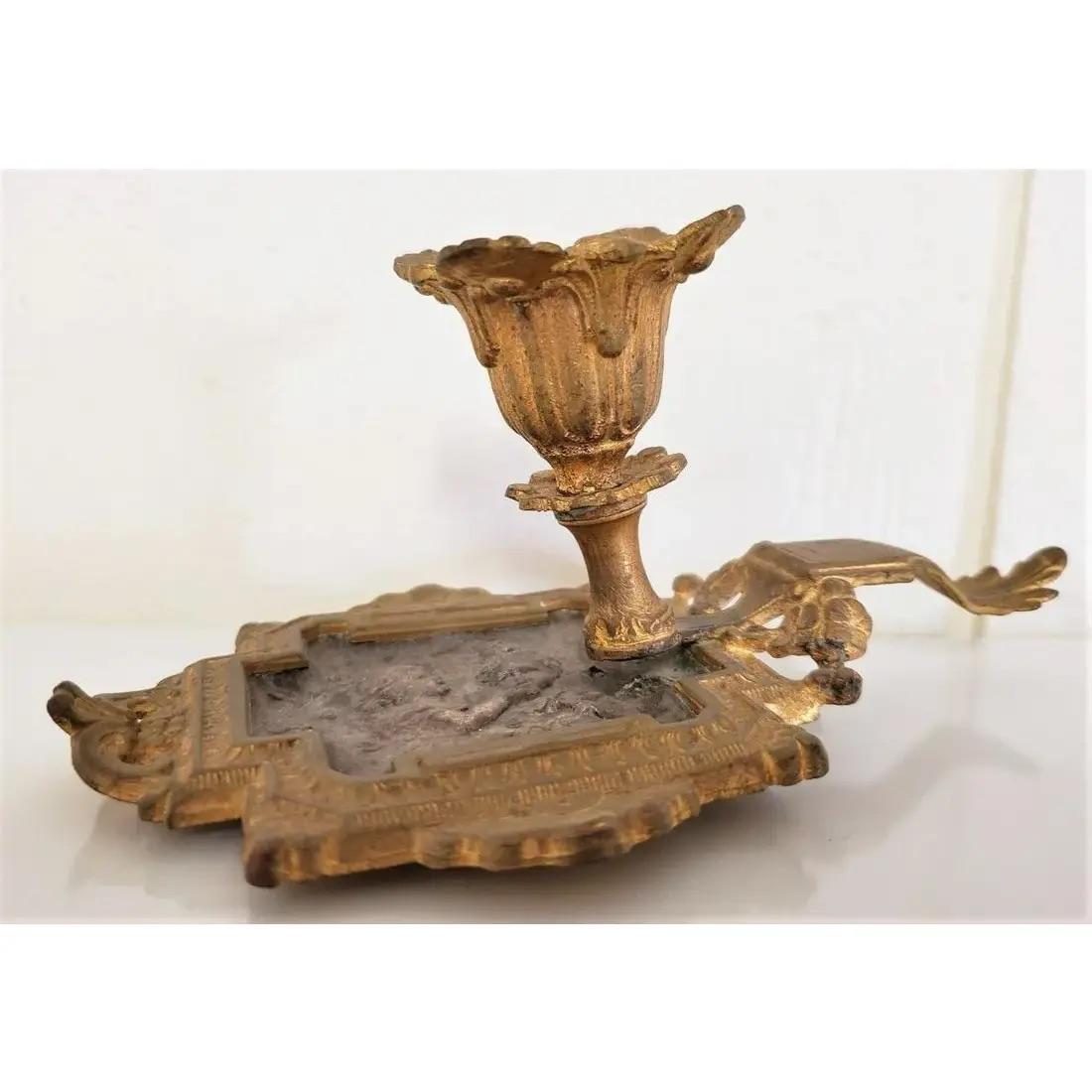 20th Century 1920s French Bronze Candle Stick, Napkin Holder and Candle Set- 3 Pieces For Sale