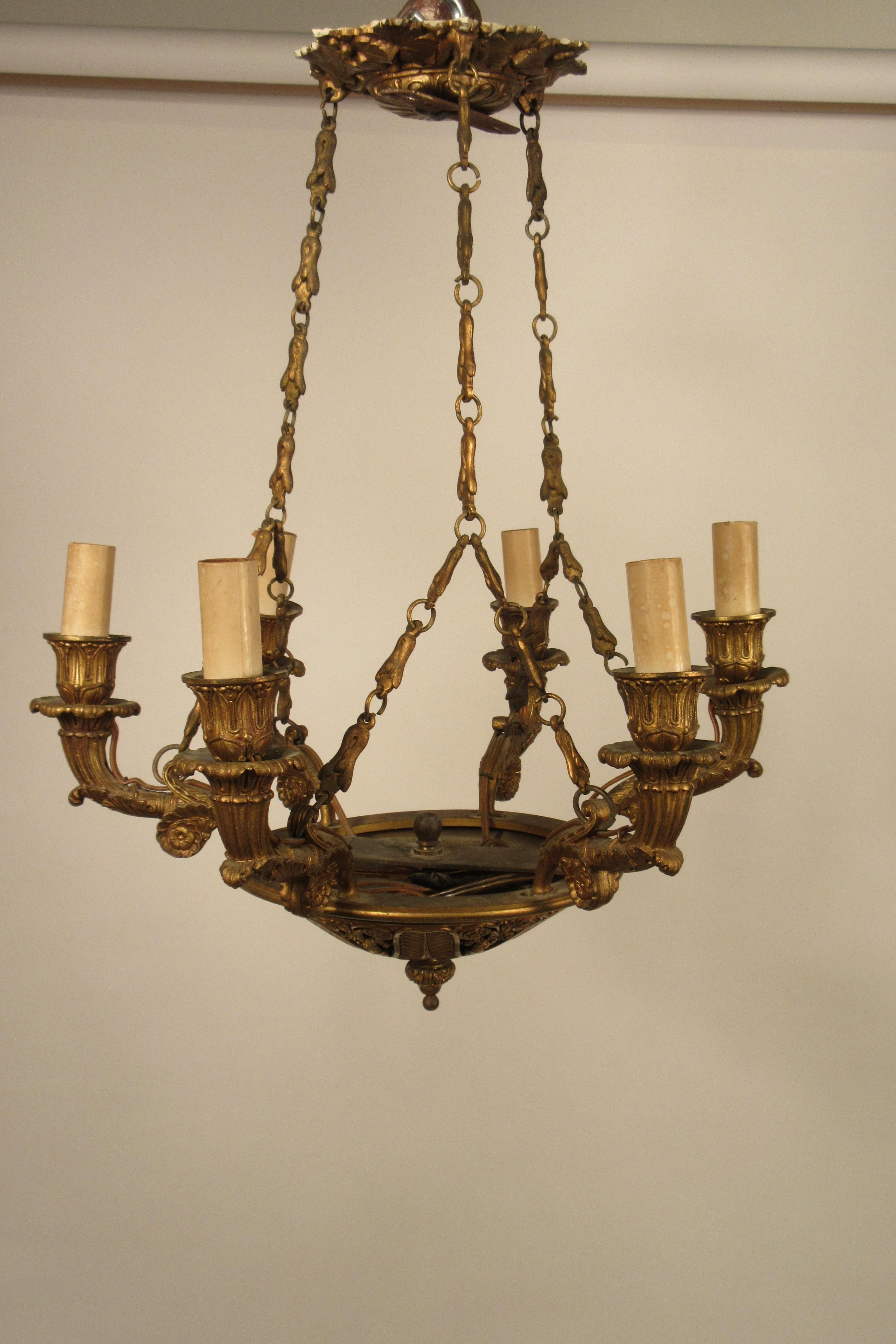 1920s French bronze classical chandelier.