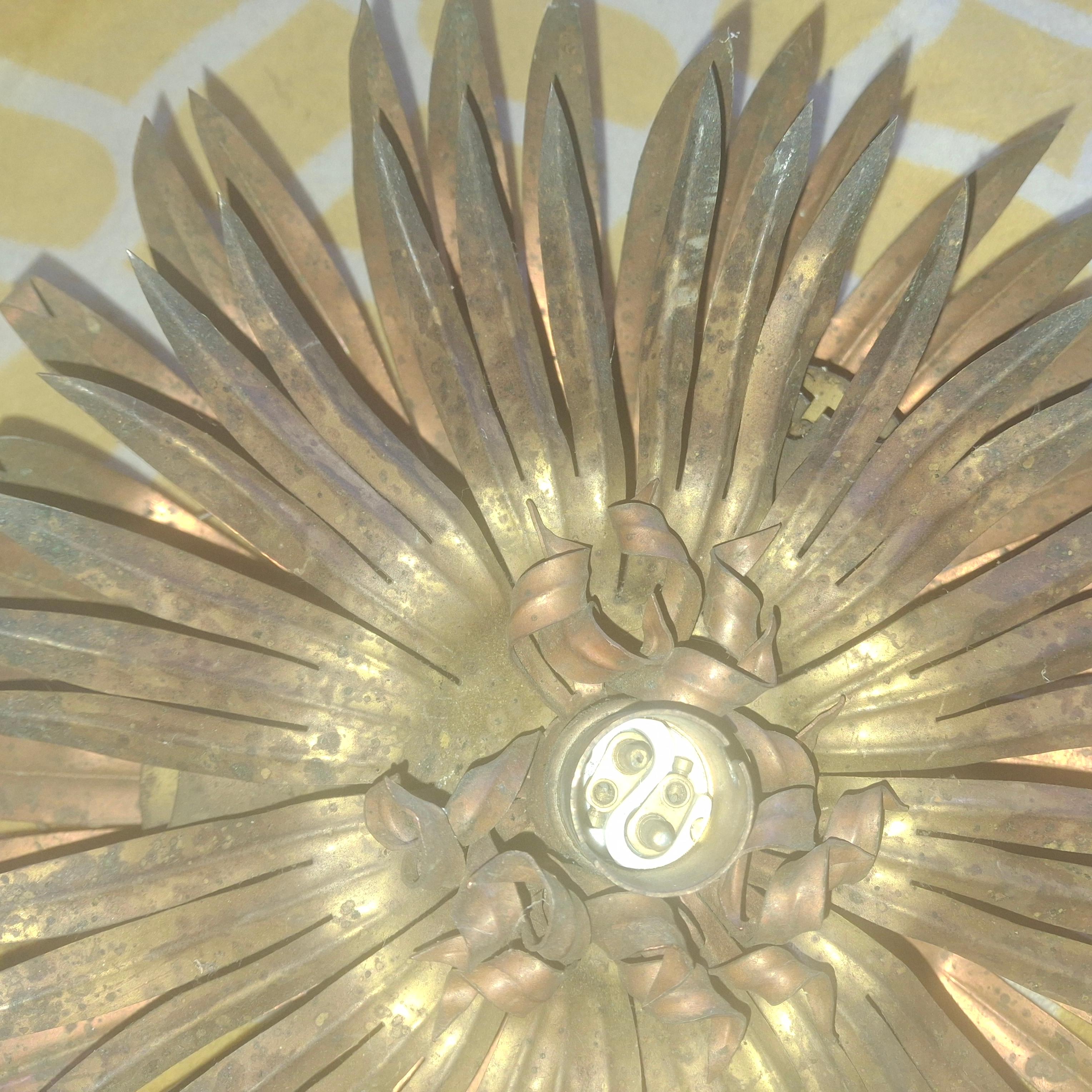 Plafonera de 2 niveles con forma de palmera francesa brutalista de los años 20, Maison Jansen Bronce en venta