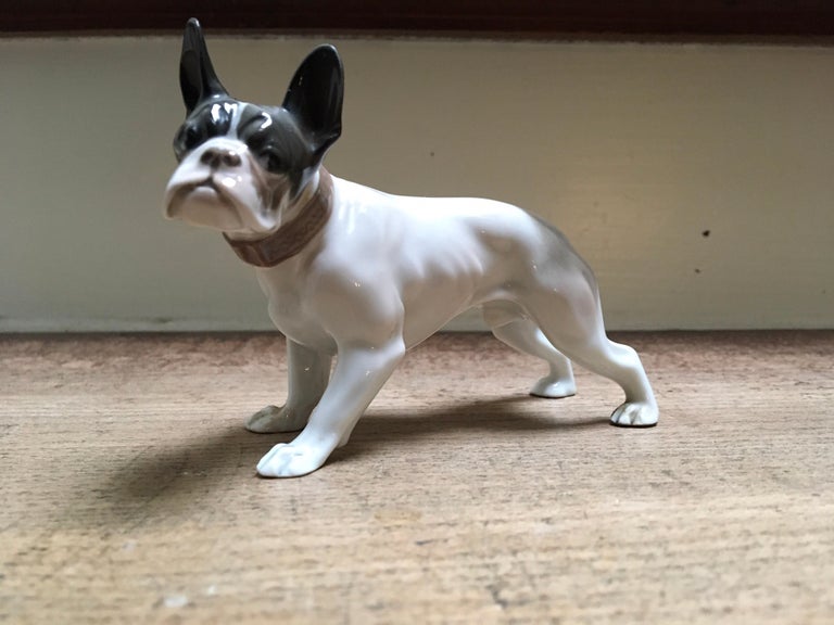 Art Deco porcelain French Bulldog figurine from the 1920s.
This Art Deco porcelain animal statue was made by Rosenthal Selb Bavaria Germany.
First quality of porcelain with colors white, brown and grey.
Marked: Rosenthal Selb-Bavaria, stamp from