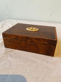 1920s French Burl Wood Box With Plaque Of Carved Cherubs Playing Music