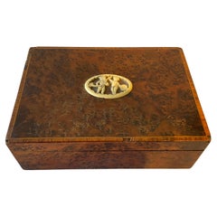 1920s French Burl Wood Box With Plaque Of Carved Cherubs Playing Music 