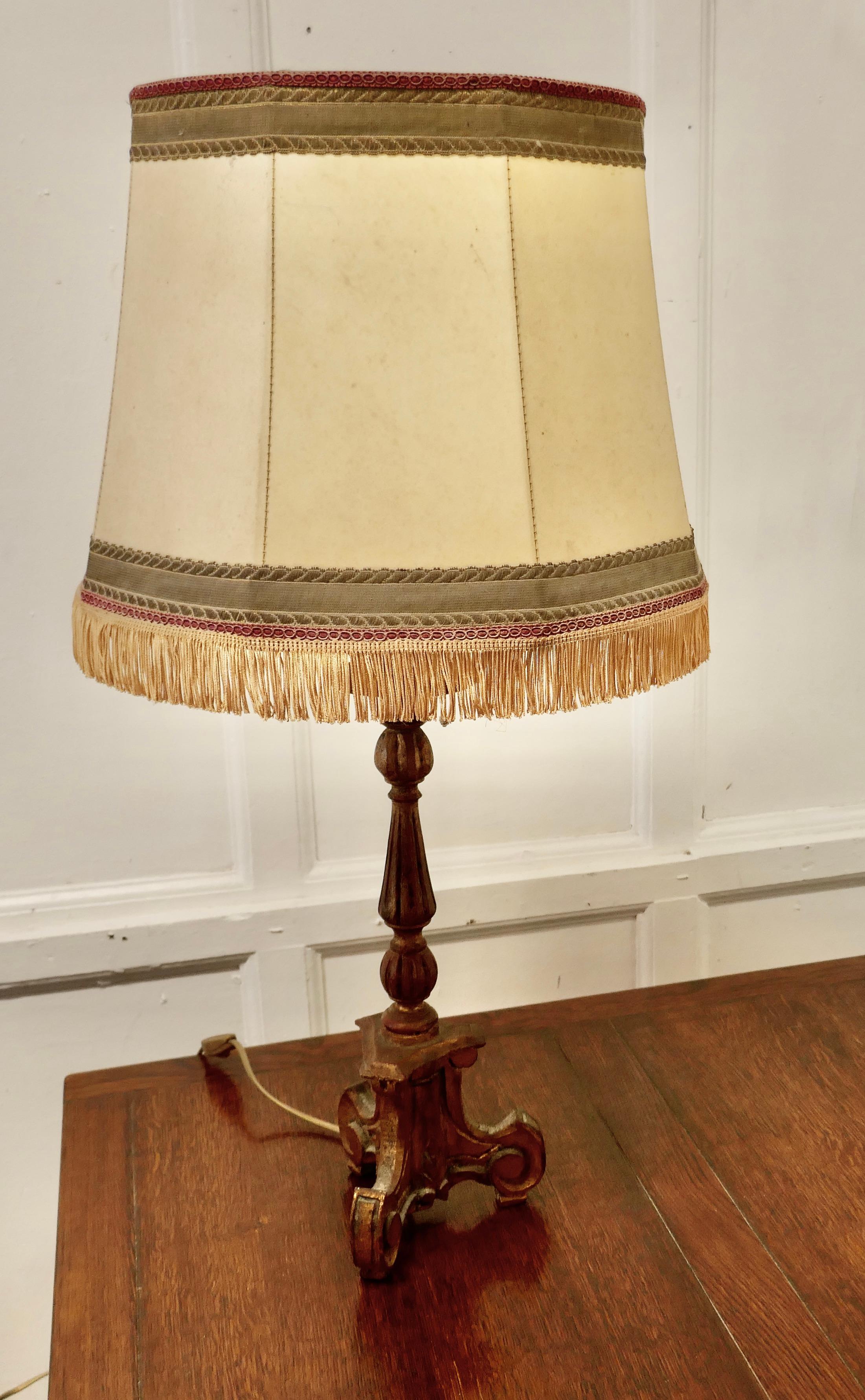 French Provincial 1920s French Carved Gilt Lamp, Vellum Shade
