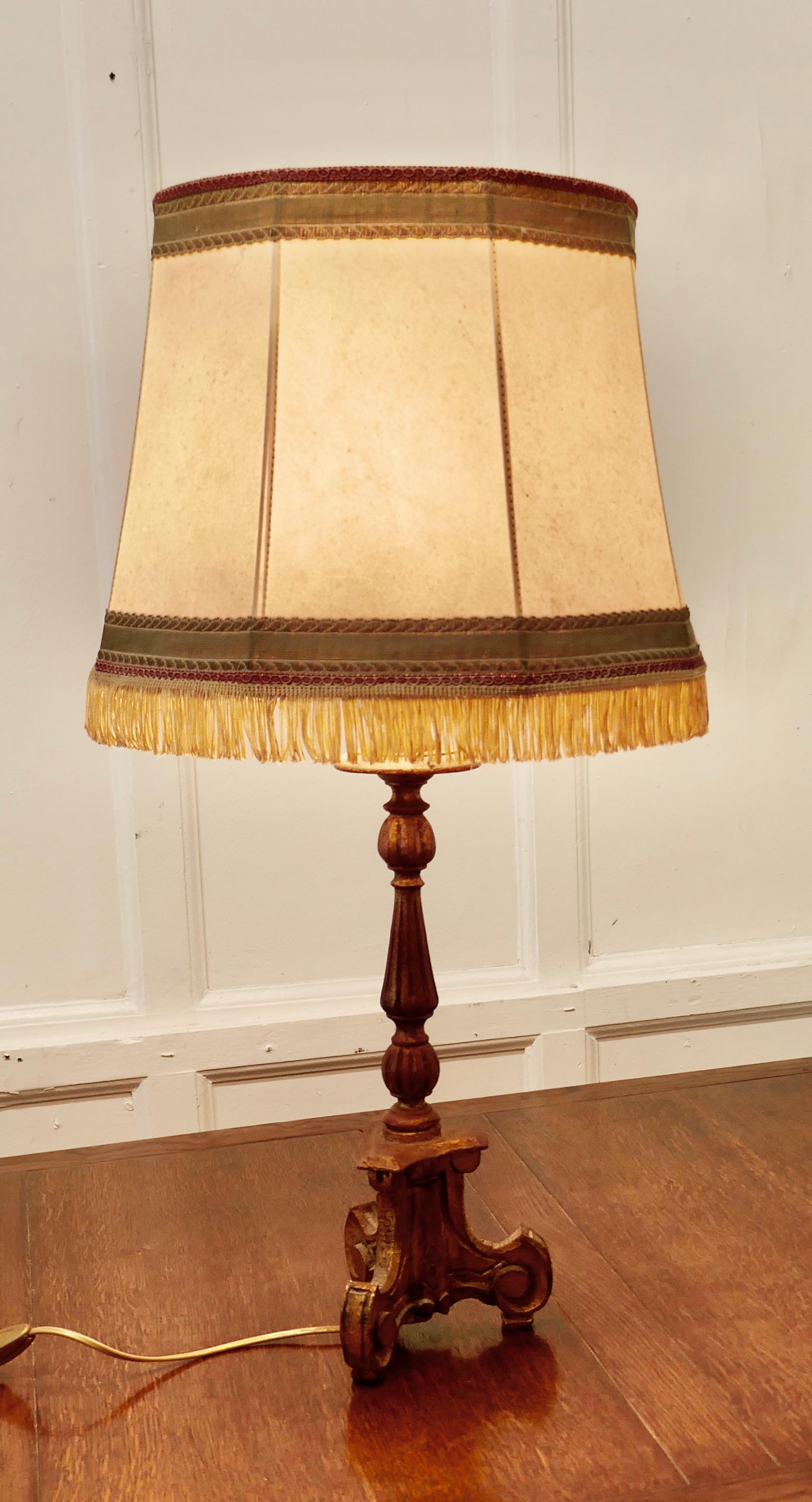 1920s French Carved Gilt Lamp, Vellum Shade In Good Condition In Godshill, Isle of Wight
