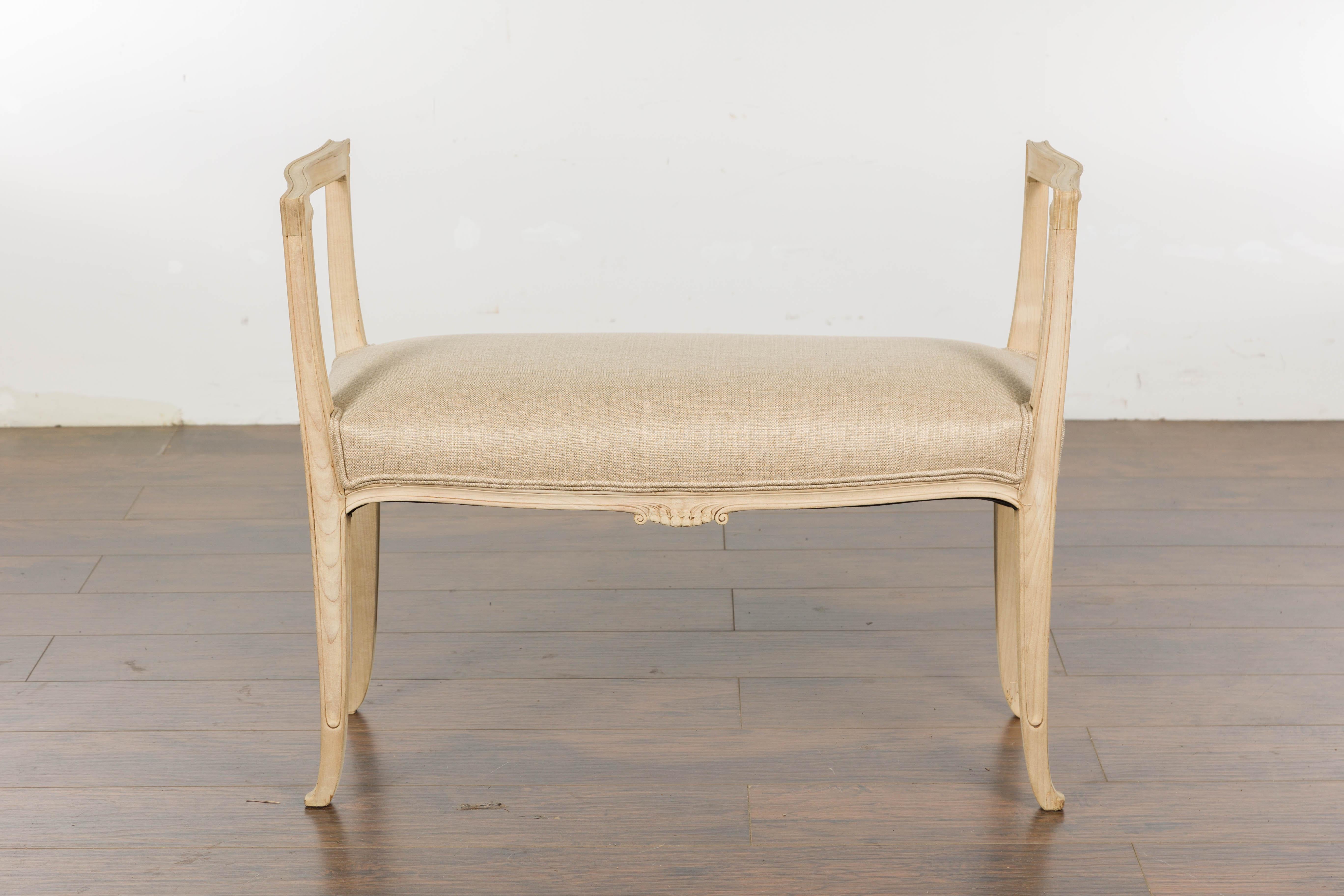 1920s French Carved Walnut Upholstered Bench with Natural Finish For Sale 8