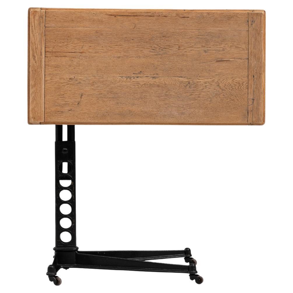 1920s French Cast Iron Folding Table With Wooden Top On Wheels
